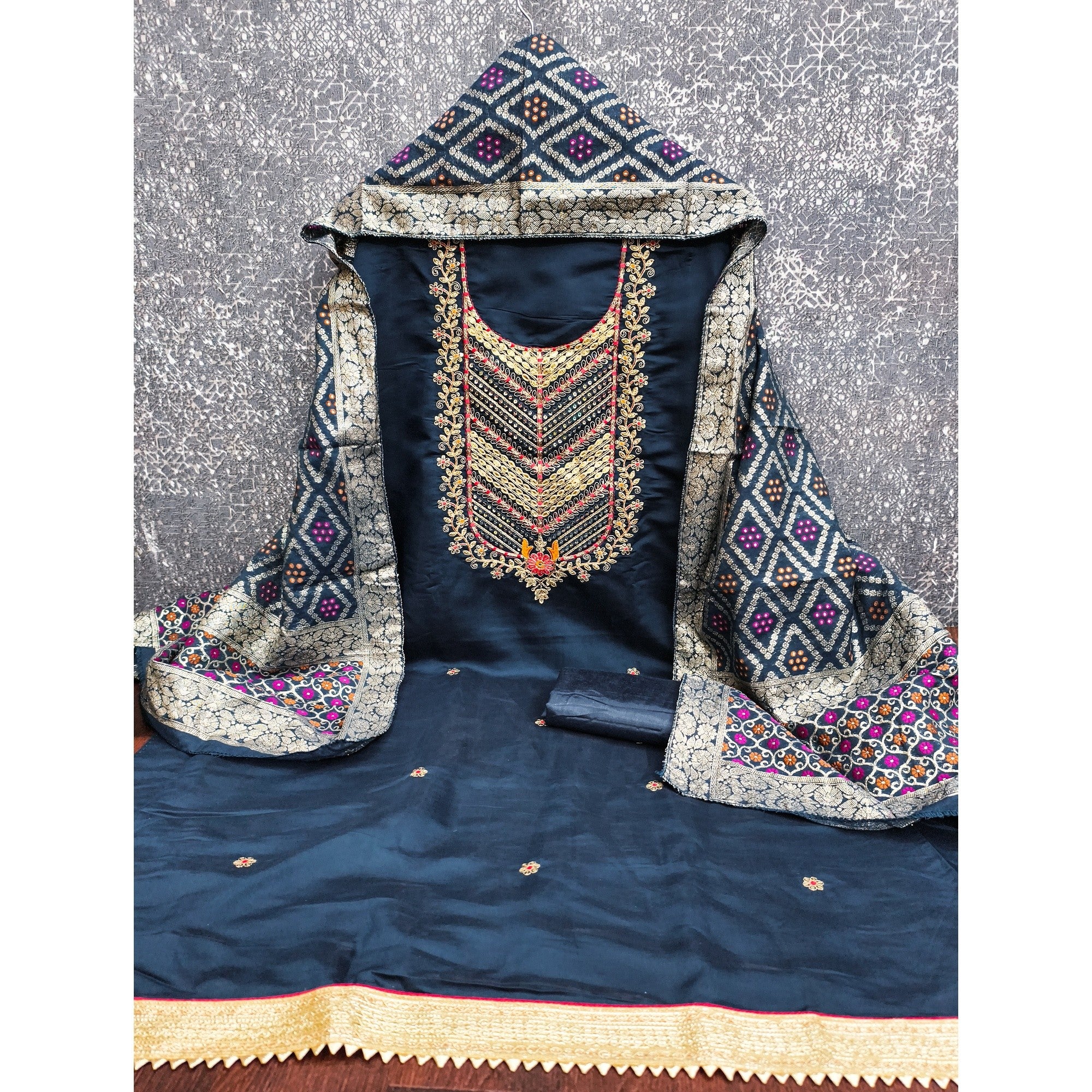 Graceful Navy Blue Cotton Silk Dress Material With Floral Cording Embroidery & Sparkling Sequins - Image 4