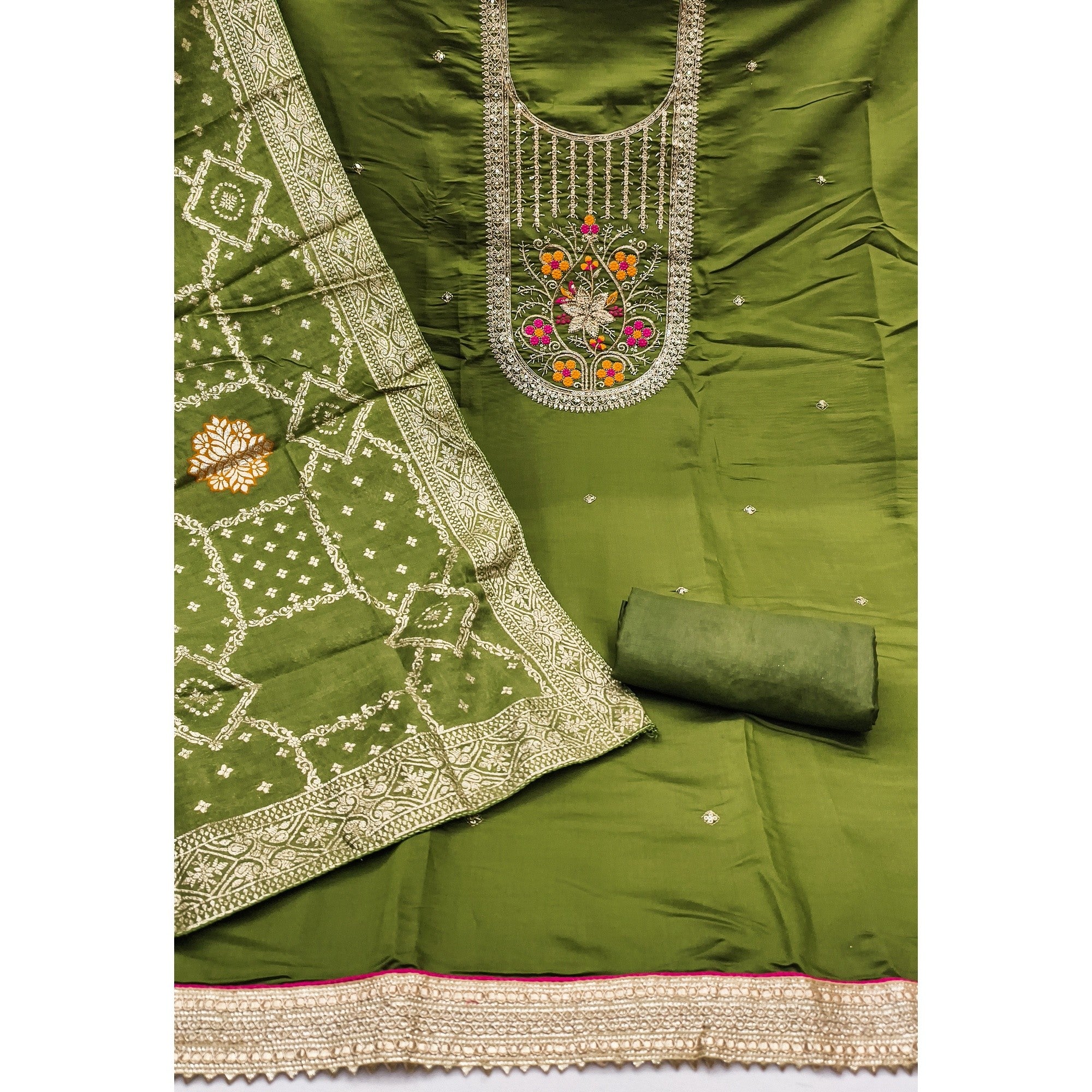 Elegant Green Cotton Silk Dress Material With Floral Embroidery & Shimmering Sequins Work - Image 3