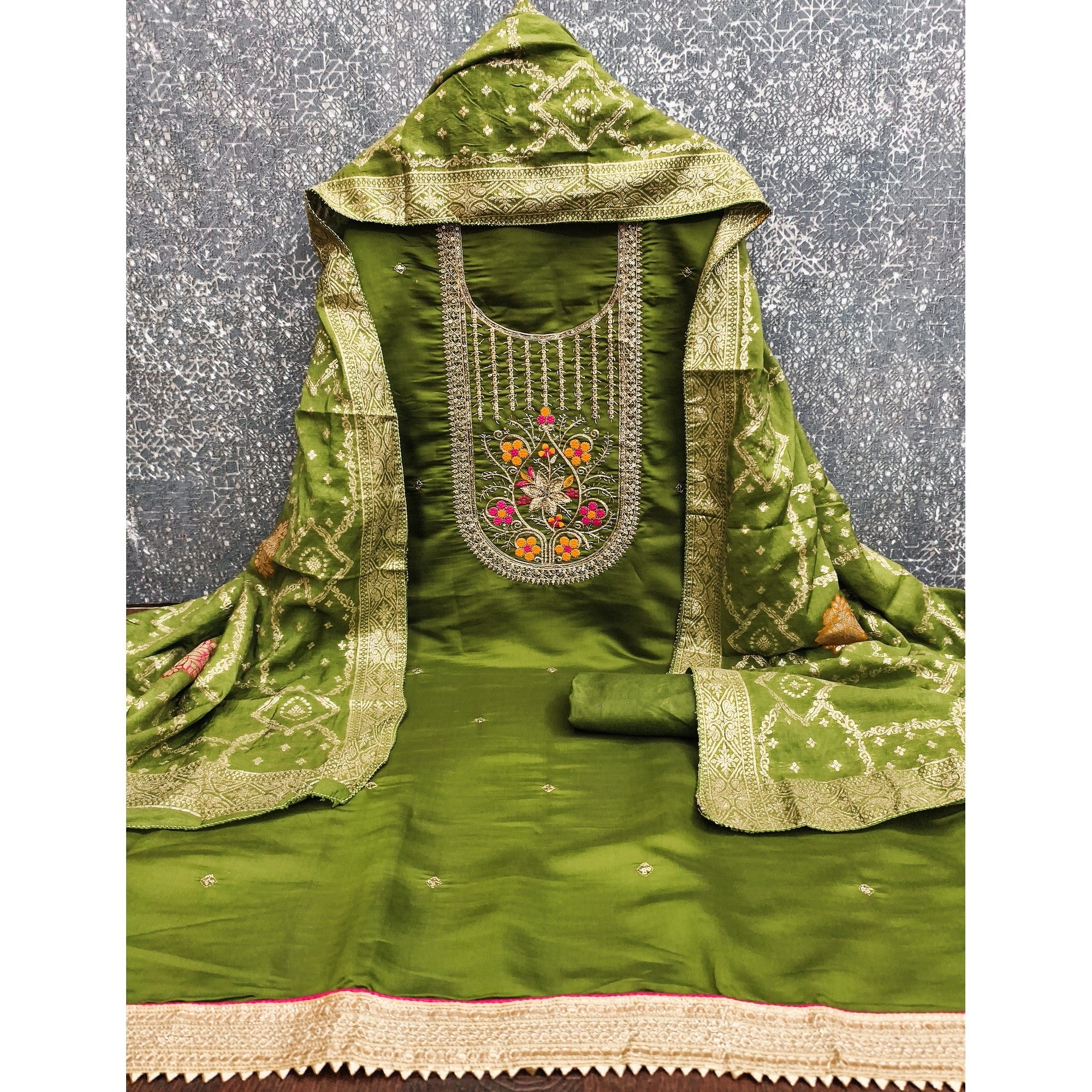 Elegant Green Cotton Silk Dress Material With Floral Embroidery & Shimmering Sequins Work - Image 3
