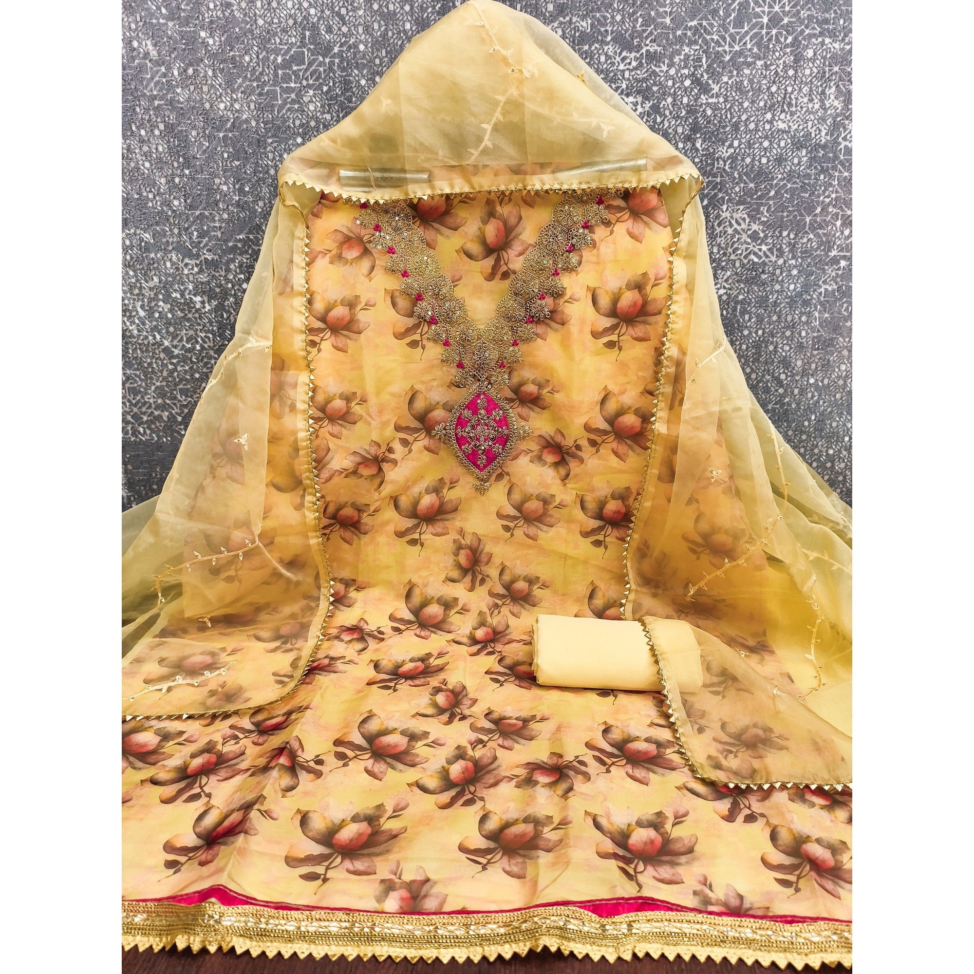 Yellow Floral Digital Printed Organza Dress Material Featuring Exquisite Cording Embroidery Work - Image 3