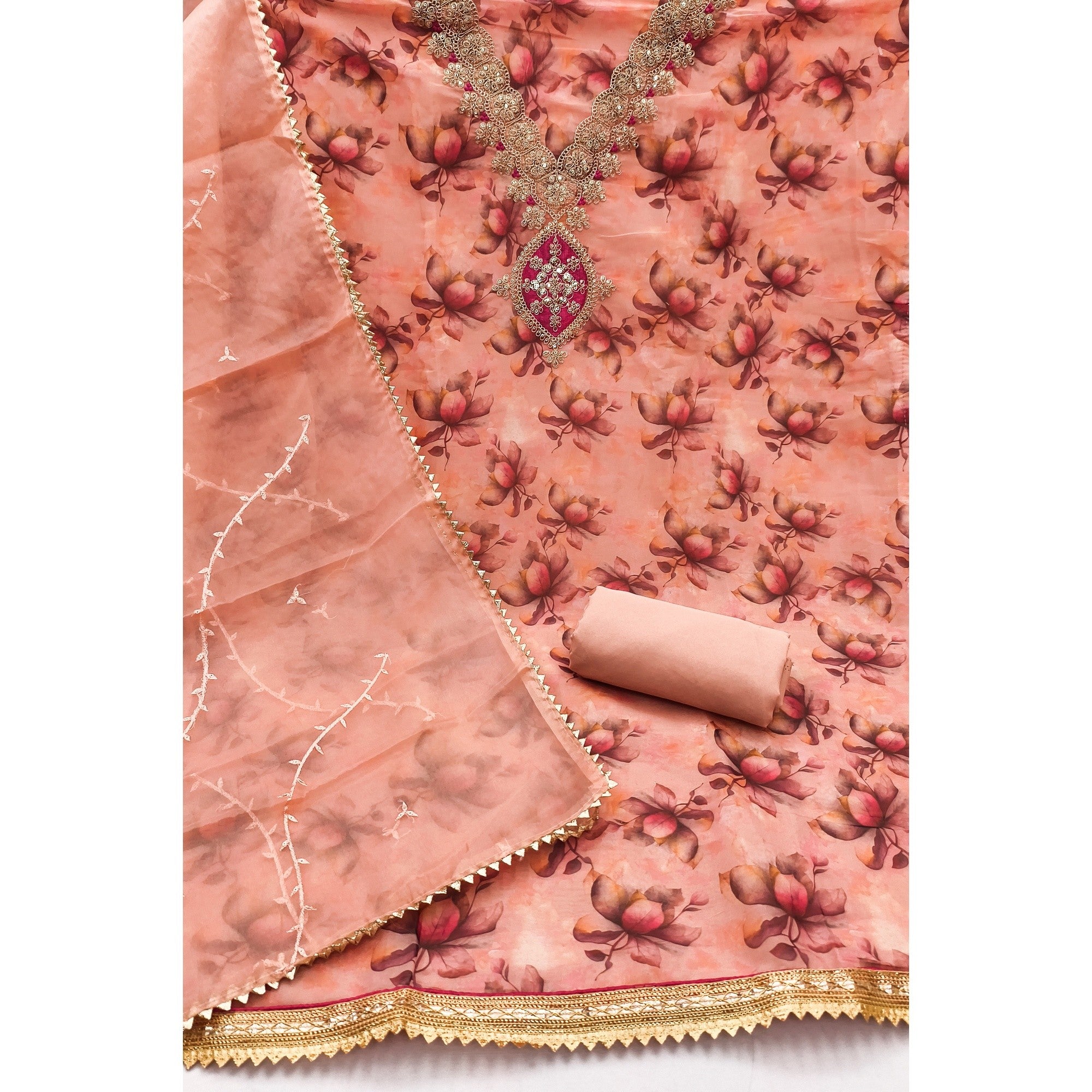 Peach Floral Digital Printed Organza Dress Material Featuring Exquisite Cording Embroidery Work - Image 4