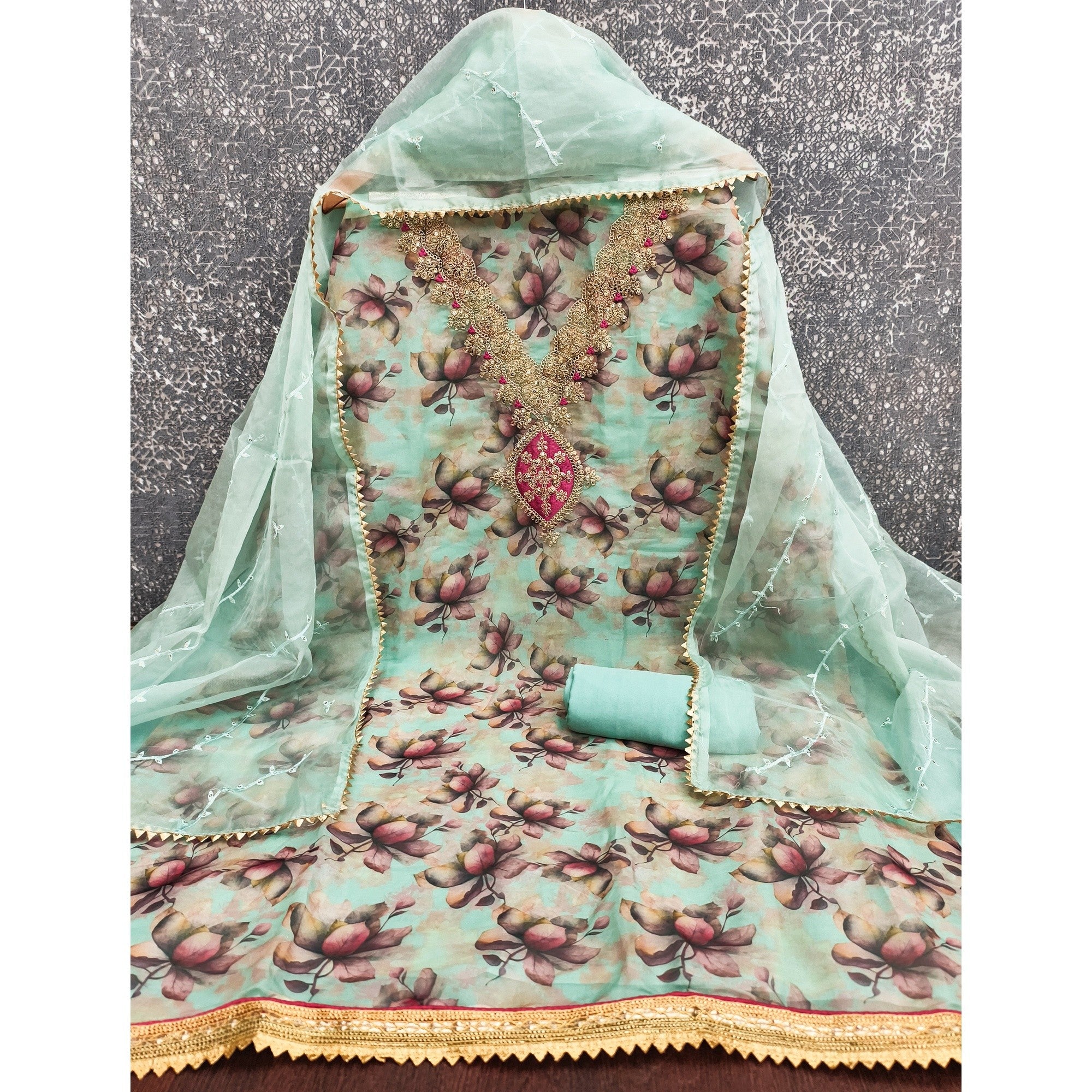 Turquoise Floral Digital Printed Organza Dress Material Featuring Exquisite Cording Embroidery Work - Image 3