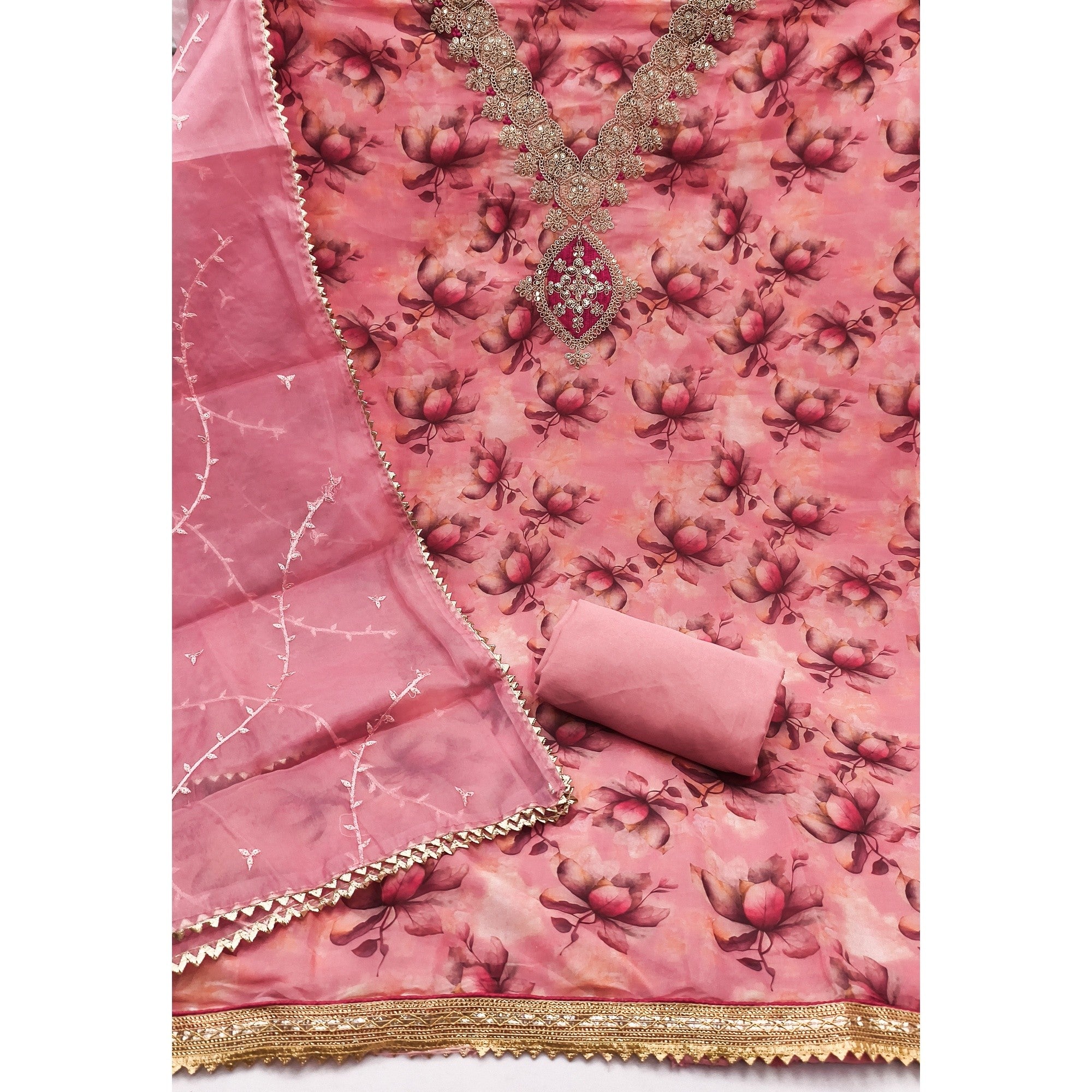 Pink Floral Digital Printed Organza Dress Material Featuring Exquisite Cording Embroidery Work - Image 3