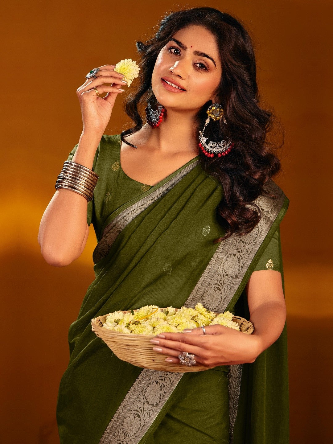 Luxurious Mehendi Green Solid Chiffon Saree Enhanced By Floral Weaving Jacquard Border - Image 2