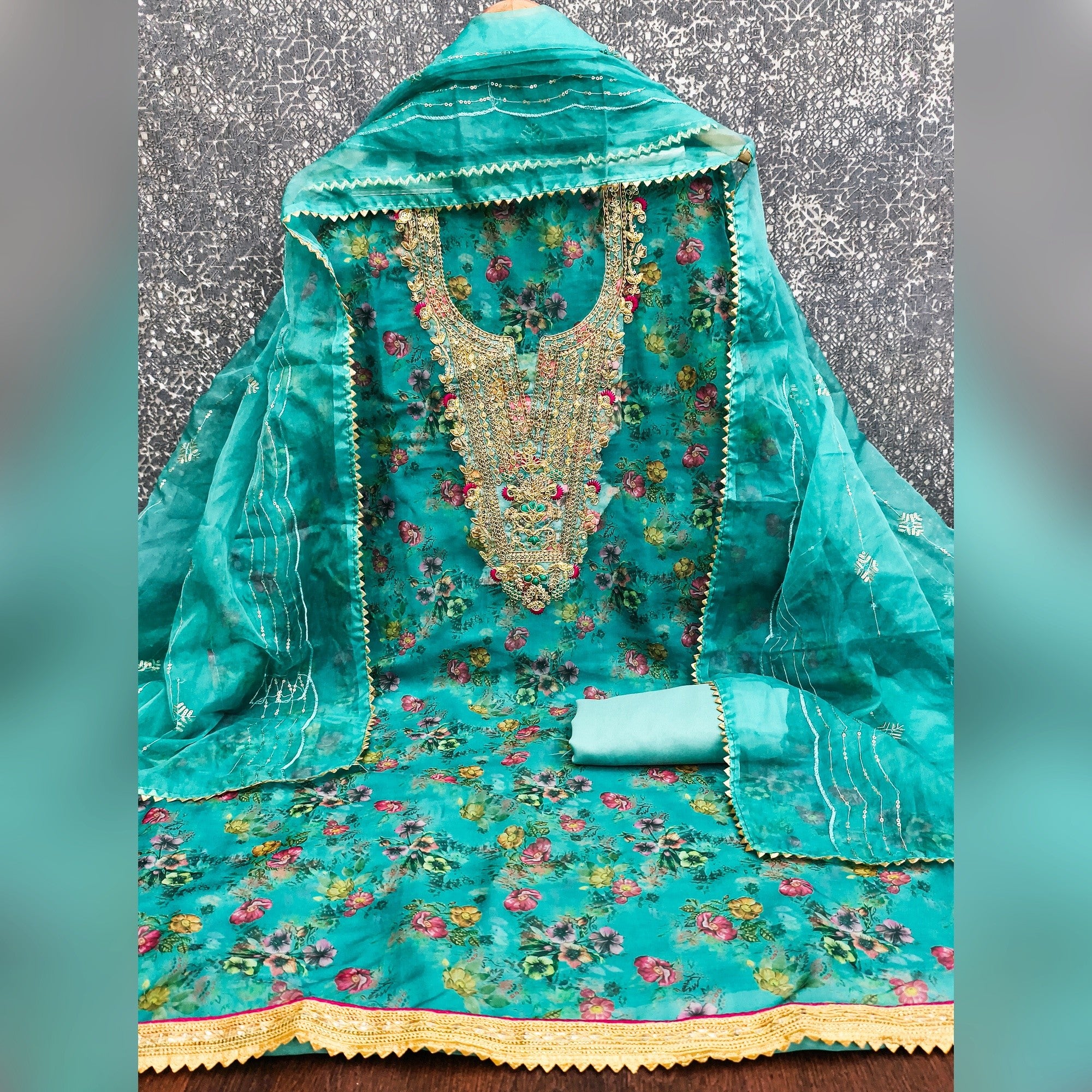 Classic Turquoise Floral Digital Printed Organza Dress Material With Designer Cording Embroidery - Image 3