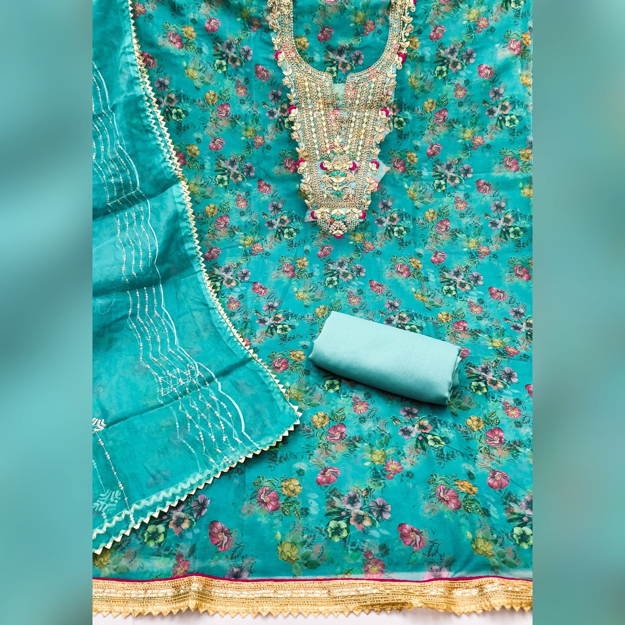 Classic Turquoise Floral Digital Printed Organza Dress Material With Designer Cording Embroidery - Image 2