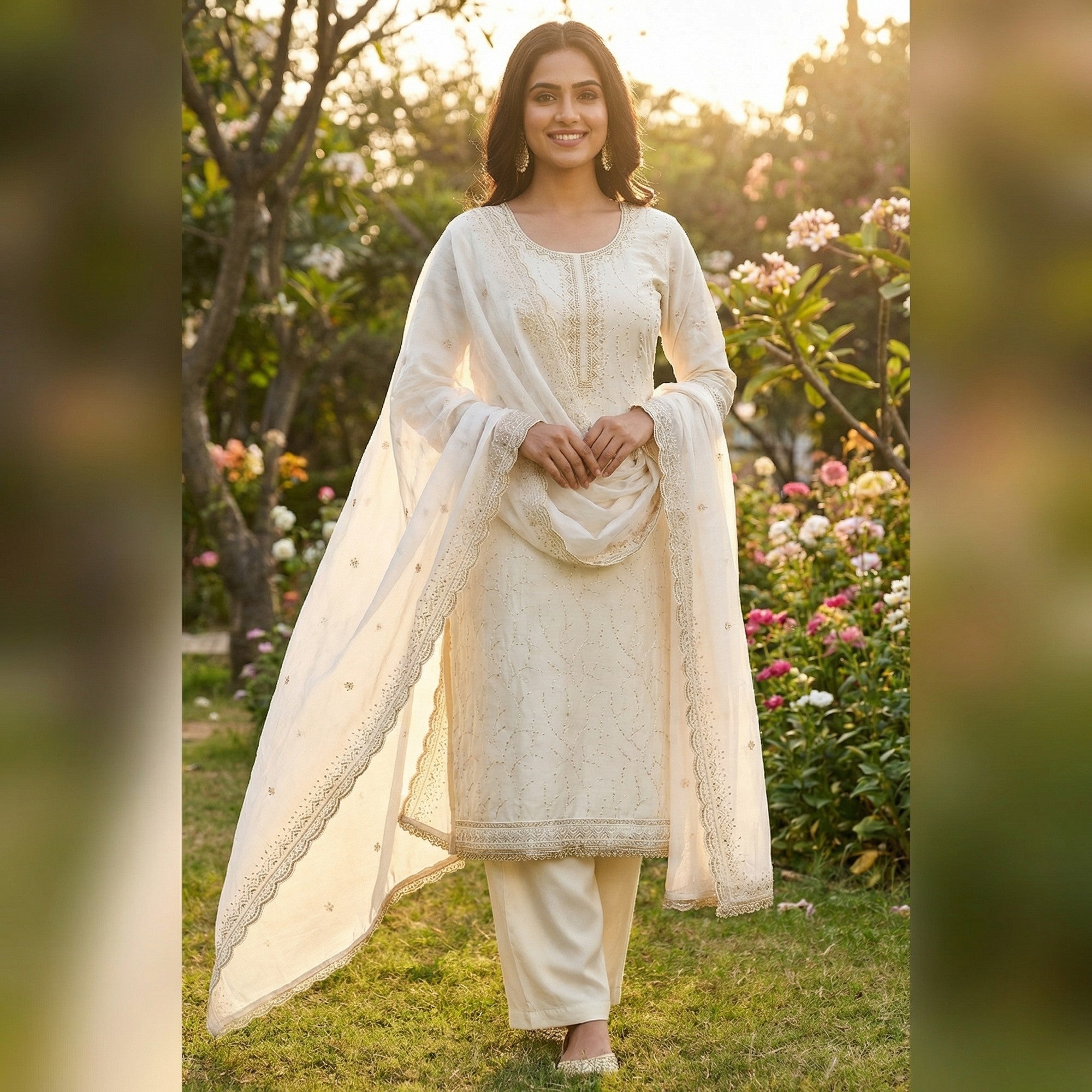 Premium Cream Cotton Silk Dress Material Enhanced With Delicate Thread Embroidery & Handwork - Image 2
