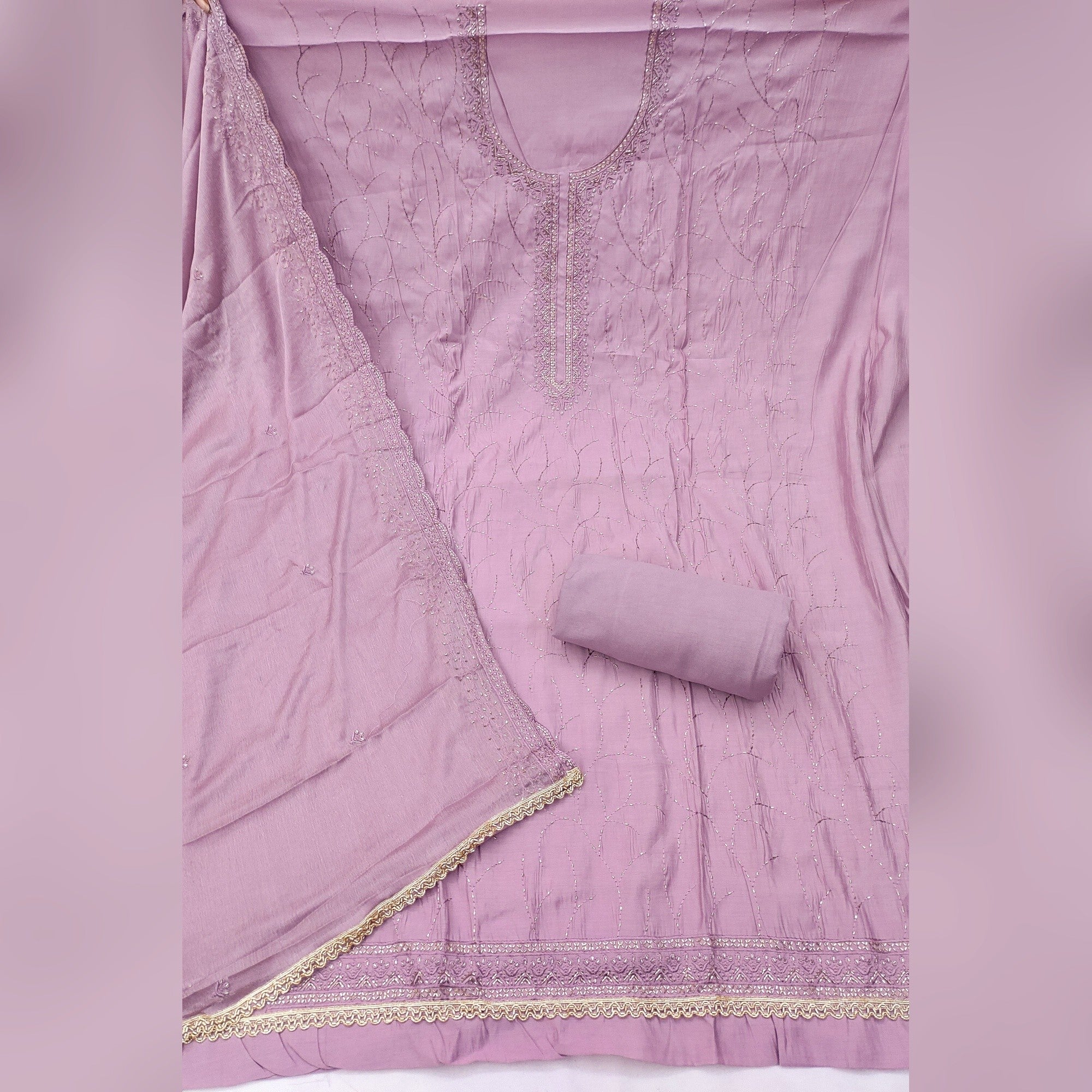 Premium Lavender Cotton Silk Dress Material Enhanced With Delicate Thread Embroidery & Handwork - Image 3