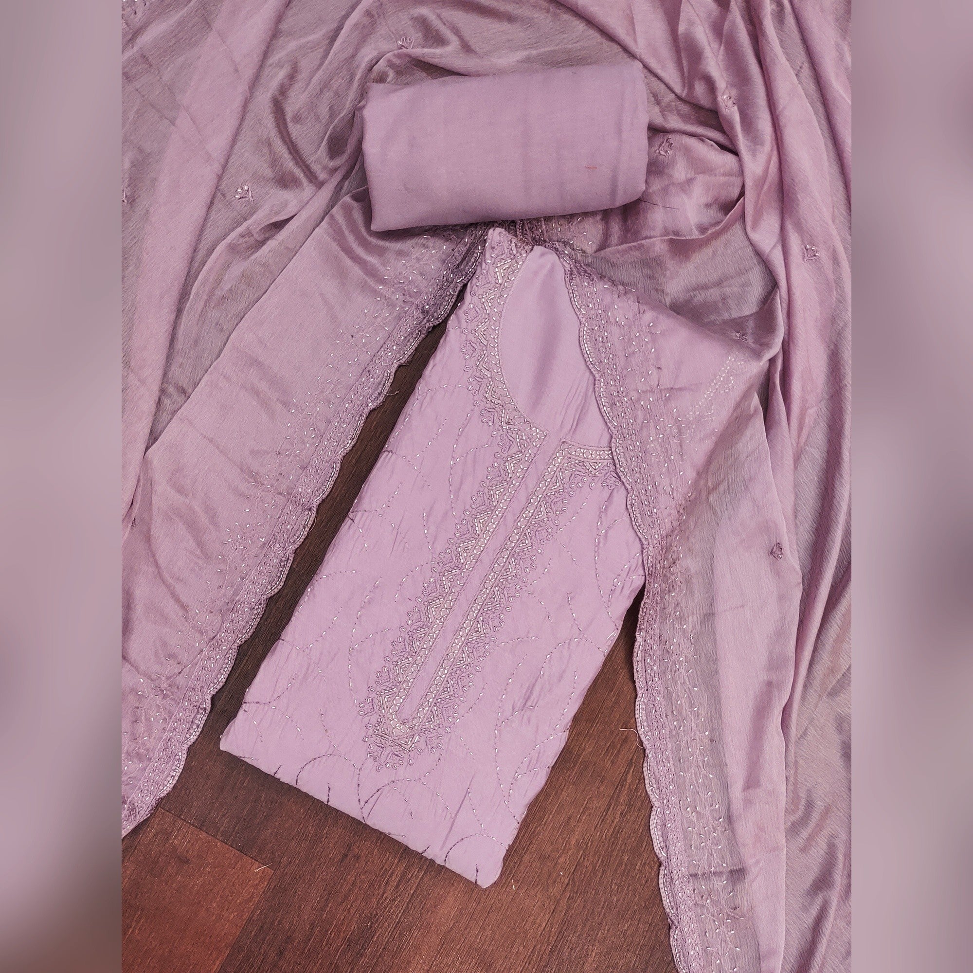 Premium Lavender Cotton Silk Dress Material Enhanced With Delicate Thread Embroidery & Handwork - Image 4