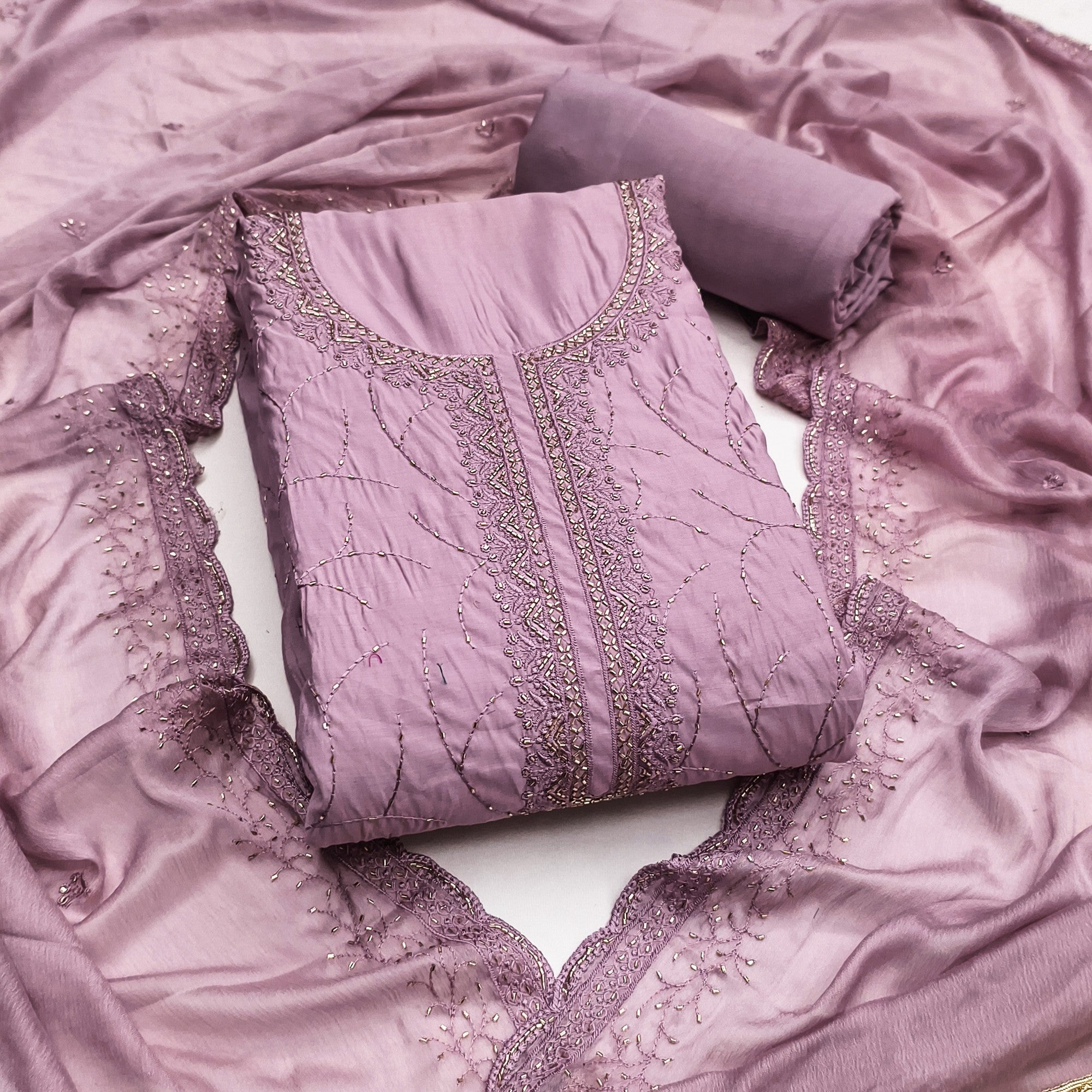Premium Lavender Cotton Silk Dress Material Enhanced With Delicate Thread Embroidery & Handwork - Image 1