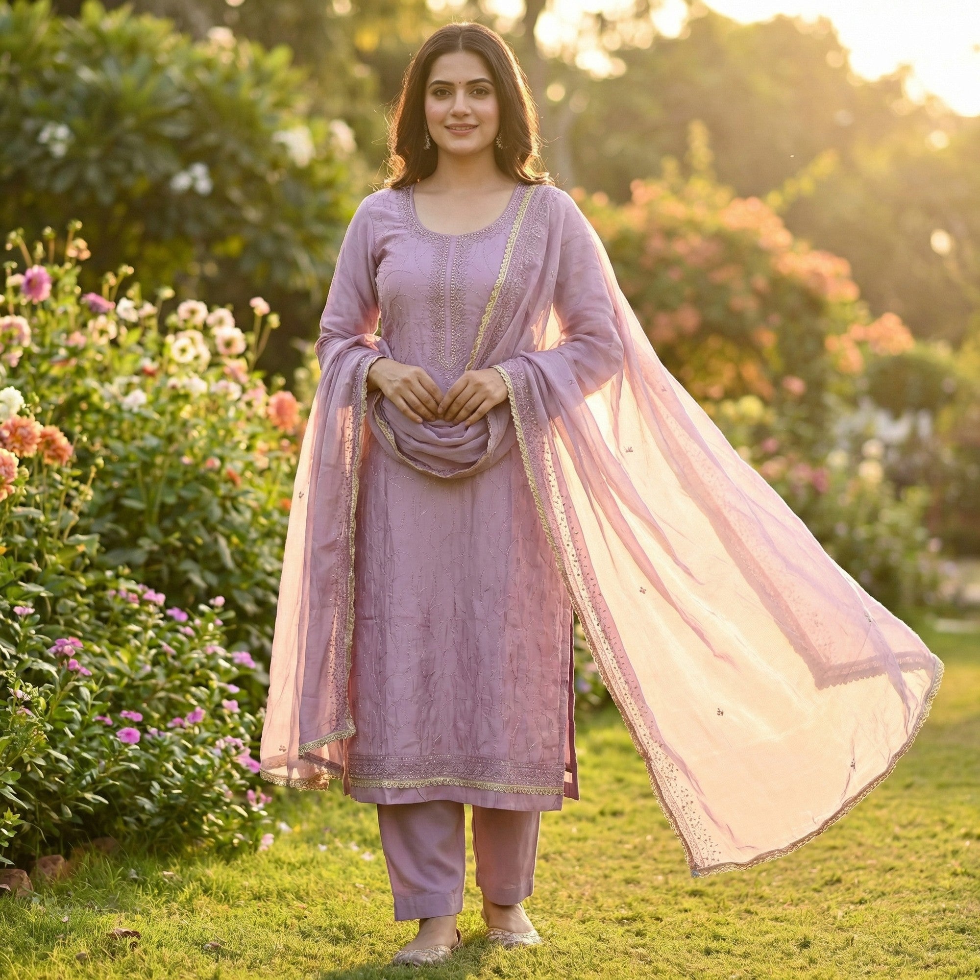 Premium Lavender Cotton Silk Dress Material Enhanced With Delicate Thread Embroidery & Handwork - Image 1