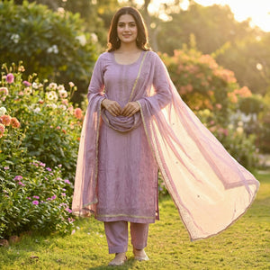 Premium Lavender Cotton Silk Dress Material Enhanced With Delicate Thread Embroidery & Handwork - Image 2