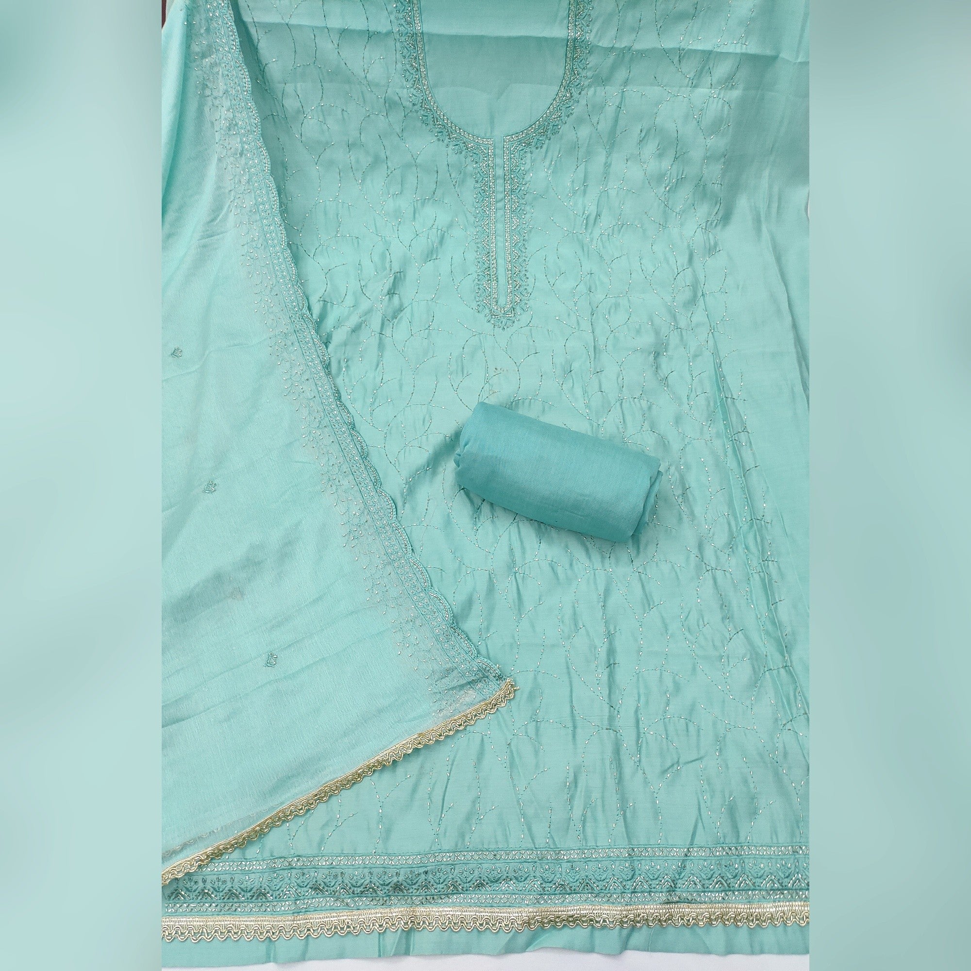 Premium Turquoise Cotton Silk Dress Material Enhanced With Delicate Thread Embroidery & Handwork - Image 2