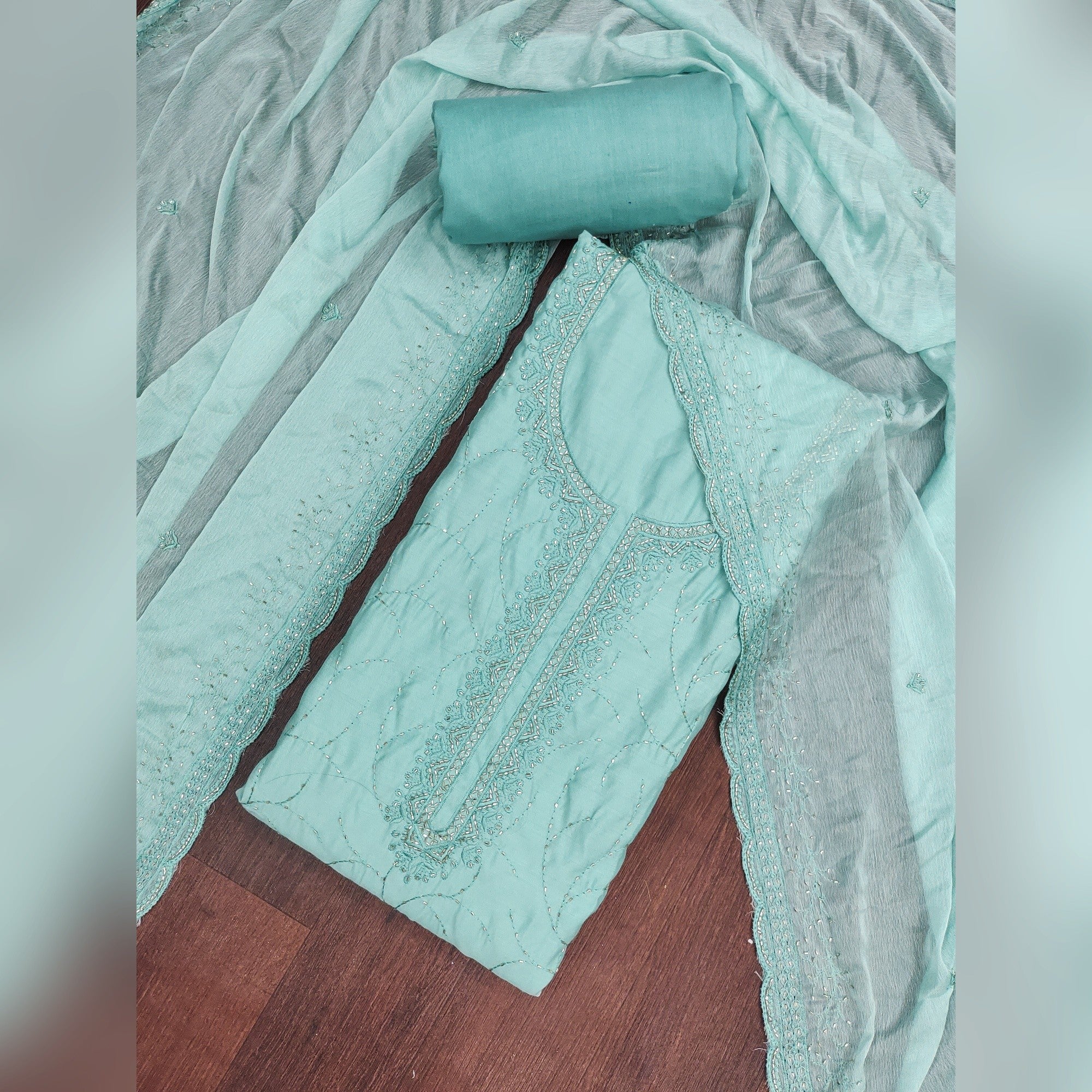 Premium Turquoise Cotton Silk Dress Material Enhanced With Delicate Thread Embroidery & Handwork - Image 4