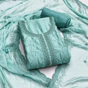 Premium Turquoise Cotton Silk Dress Material Enhanced With Delicate Thread Embroidery & Handwork - Image 1