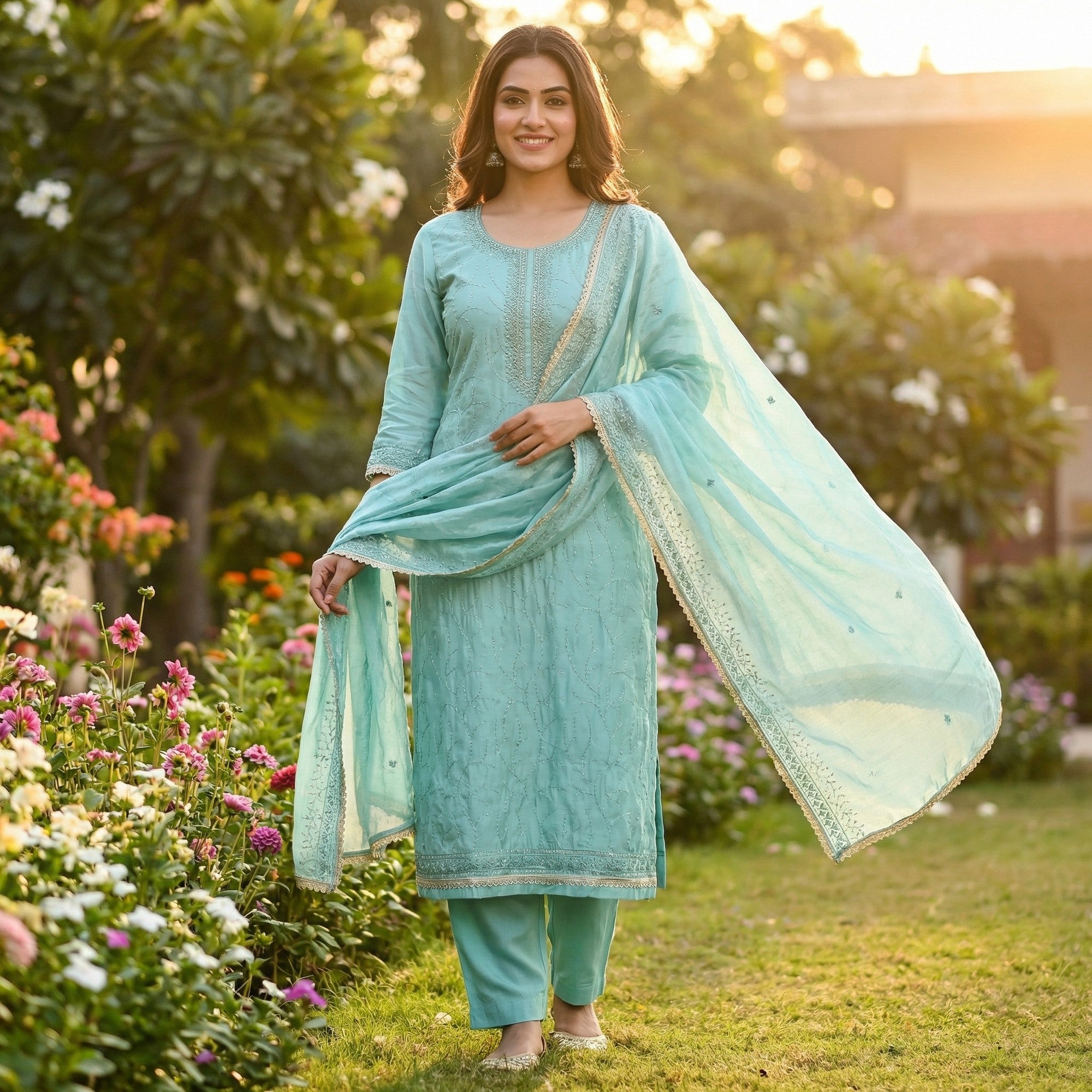 Premium Turquoise Cotton Silk Dress Material Enhanced With Delicate Thread Embroidery & Handwork - Image 1