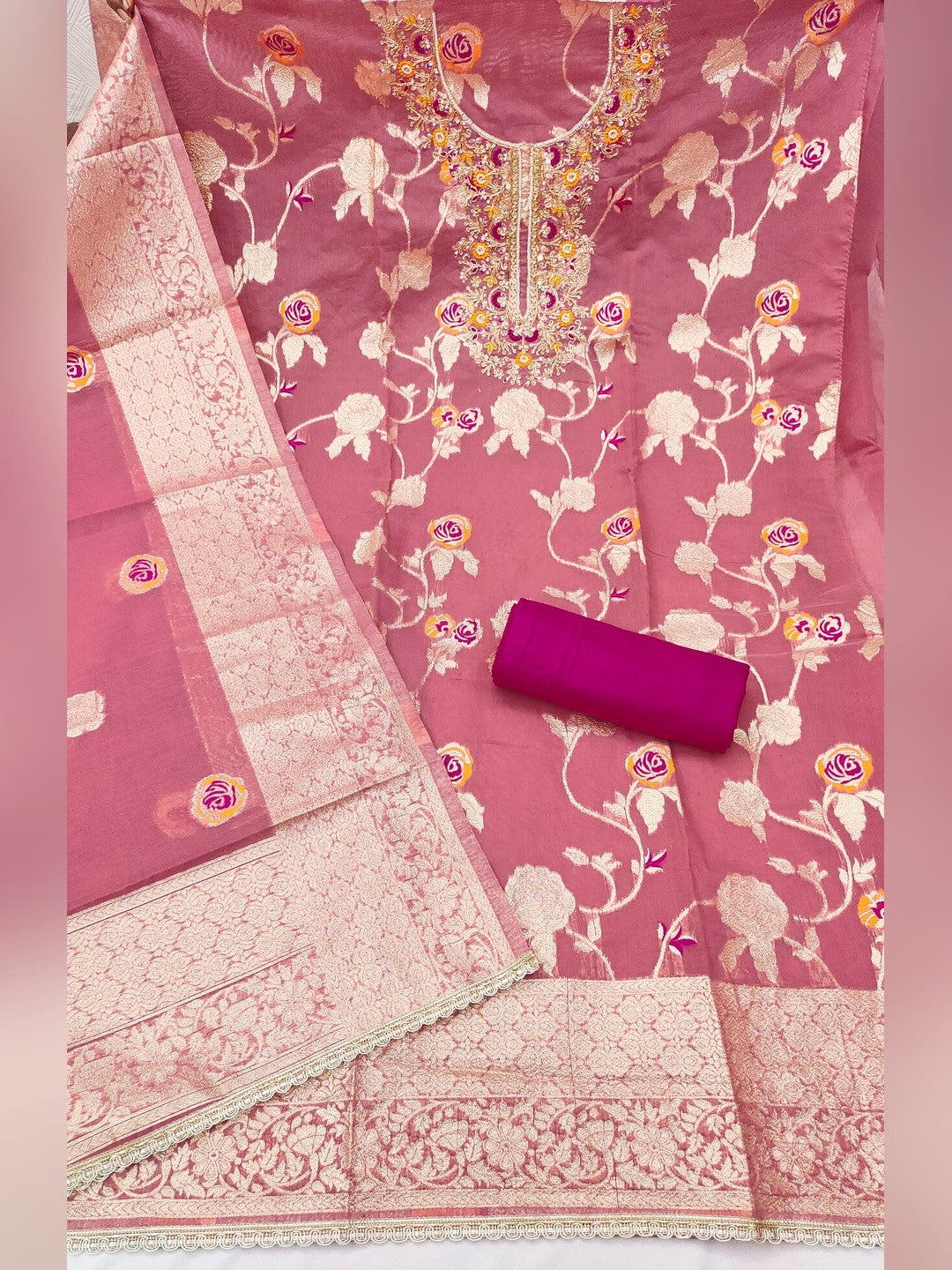Graceful Pink Floral Woven Banarasi Silk Dress Material Featuring Intricate Cording Embroidery - Image 3