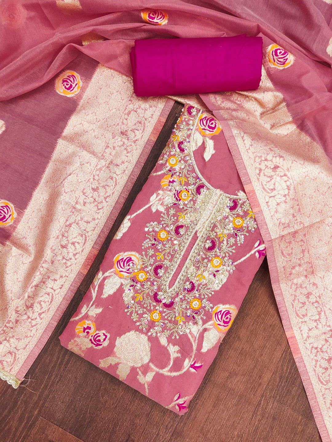 Graceful Pink Floral Woven Banarasi Silk Dress Material Featuring Intricate Cording Embroidery - Image 1