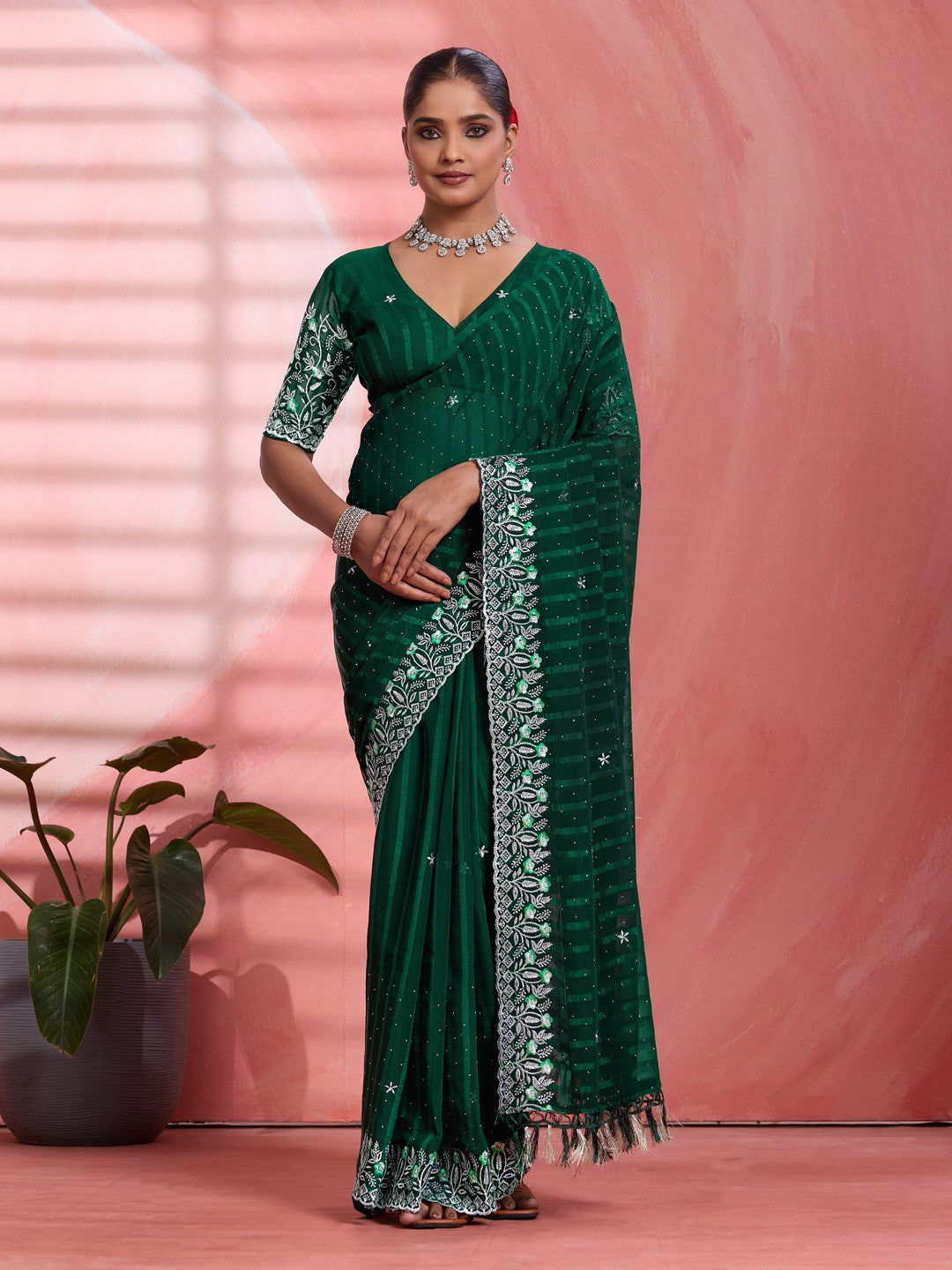 Graceful Green Floral Embroidery & Swarovski Work Chiffon Saree With Luxurious Tassel Pallu - Image 1