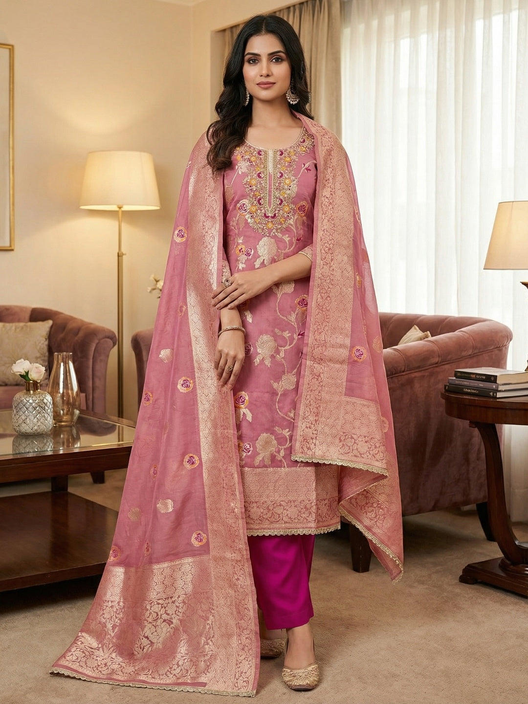 Graceful Pink Floral Woven Banarasi Silk Dress Material Featuring Intricate Cording Embroidery - Image 2