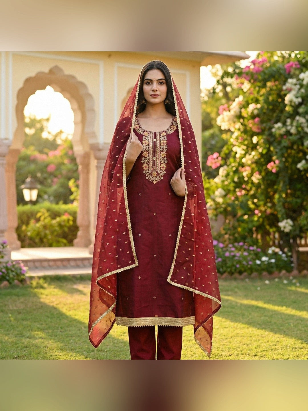 Maroon Chanderi Silk Dress Material Showcasing Floral Embroidery & Artisanal Gota Patti Work - Image 2