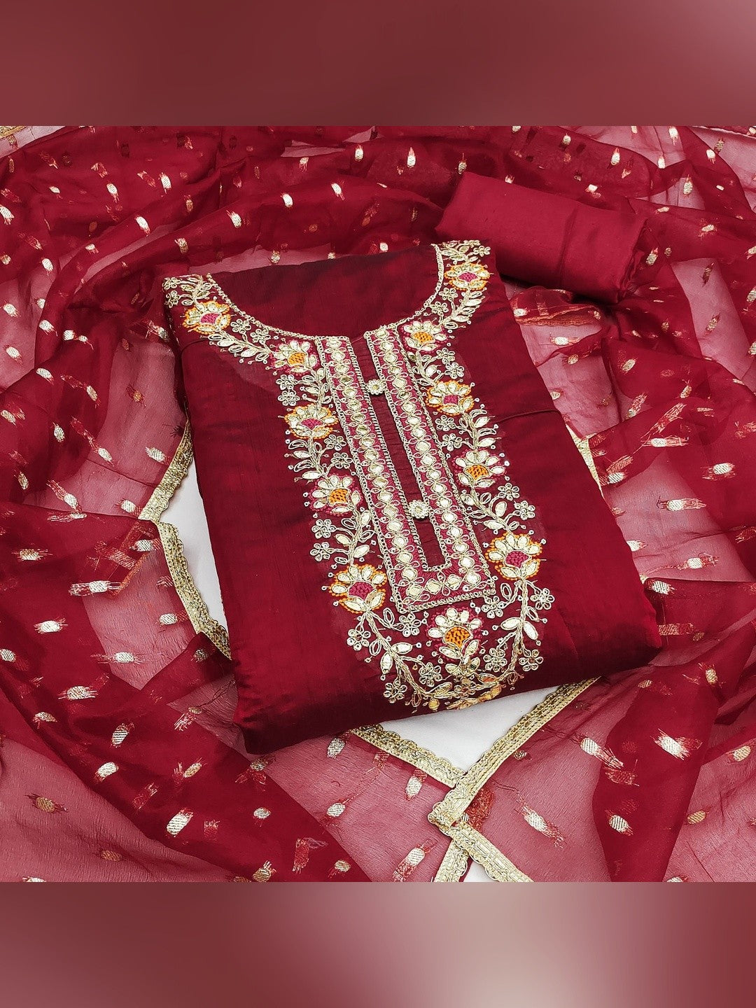 Maroon Chanderi Silk Dress Material Showcasing Floral Embroidery & Artisanal Gota Patti Work - Image 3