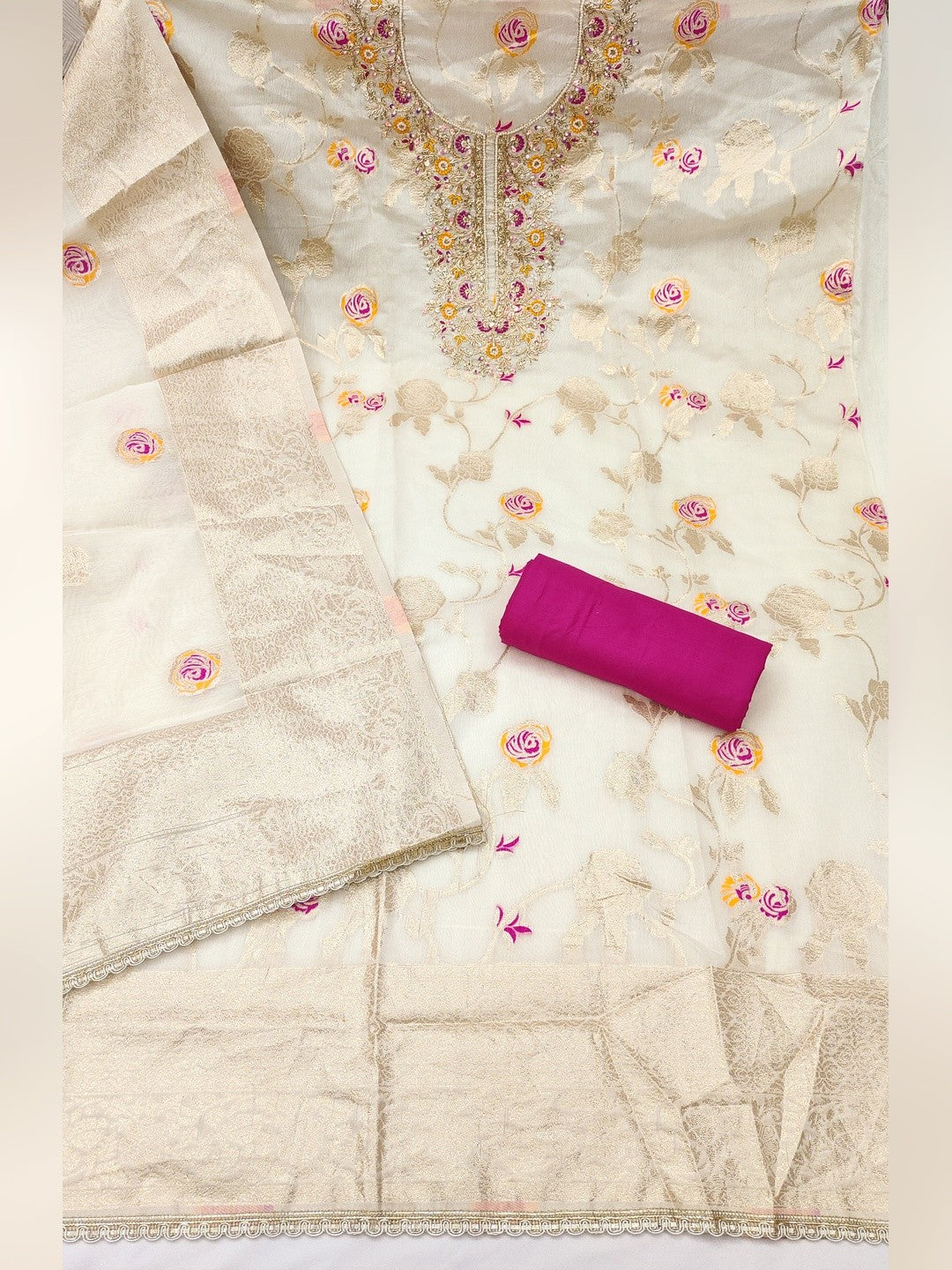 Graceful Offwhite Floral Woven Banarasi Silk Dress Material Featuring Intricate Cording Embroidery - Image 3