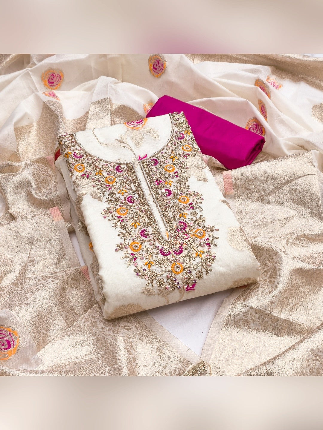 Graceful Offwhite Floral Woven Banarasi Silk Dress Material Featuring Intricate Cording Embroidery - Image 4