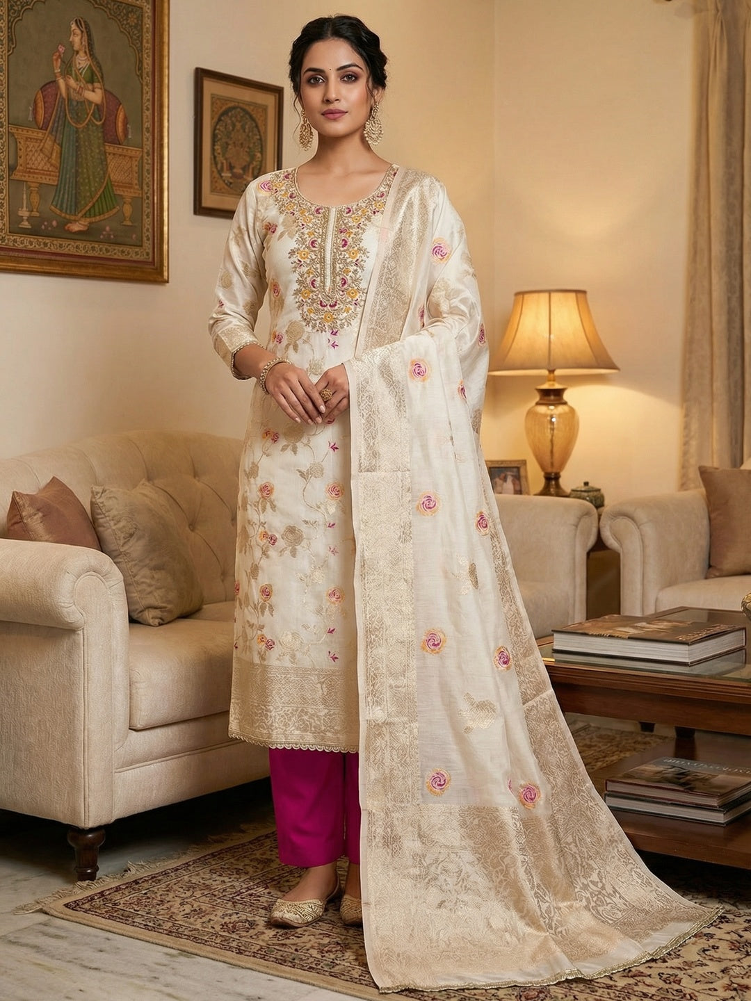Graceful Offwhite Floral Woven Banarasi Silk Dress Material Featuring Intricate Cording Embroidery - Image 2