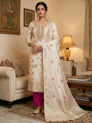 Graceful Offwhite Floral Woven Banarasi Silk Dress Material Featuring Intricate Cording Embroidery - Image 2