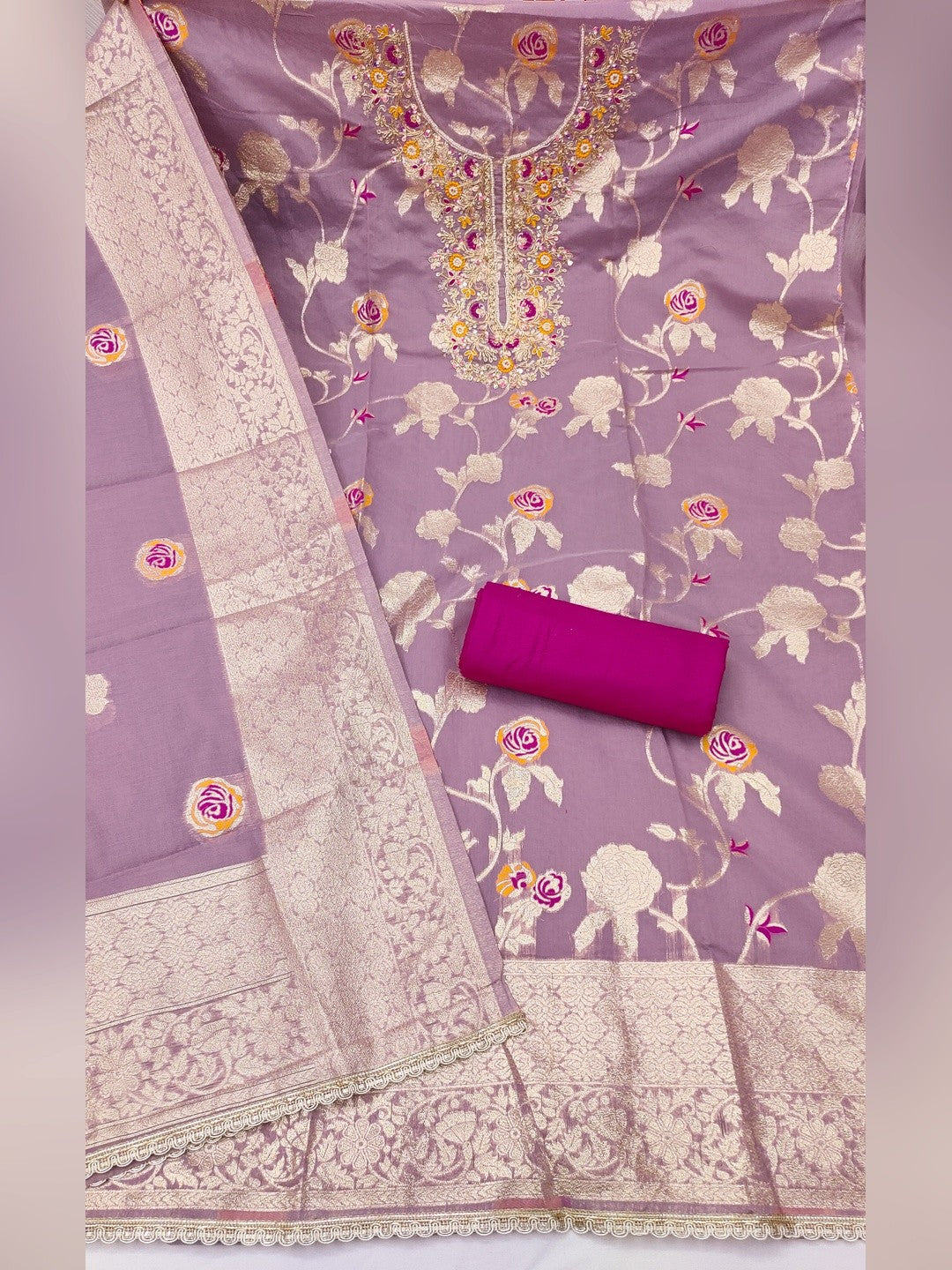 Graceful Lavender Floral Woven Banarasi Silk Dress Material Featuring Intricate Cording Embroidery - Image 4