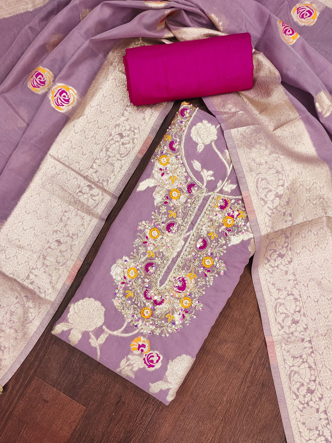Graceful Lavender Floral Woven Banarasi Silk Dress Material Featuring Intricate Cording Embroidery - Image 3