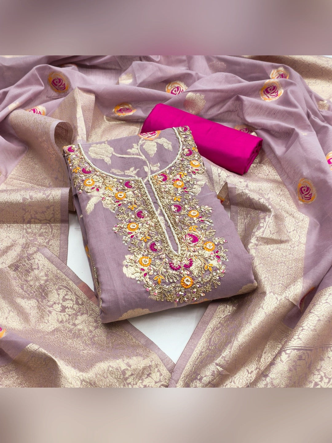 Graceful Lavender Floral Woven Banarasi Silk Dress Material Featuring Intricate Cording Embroidery - Image 1