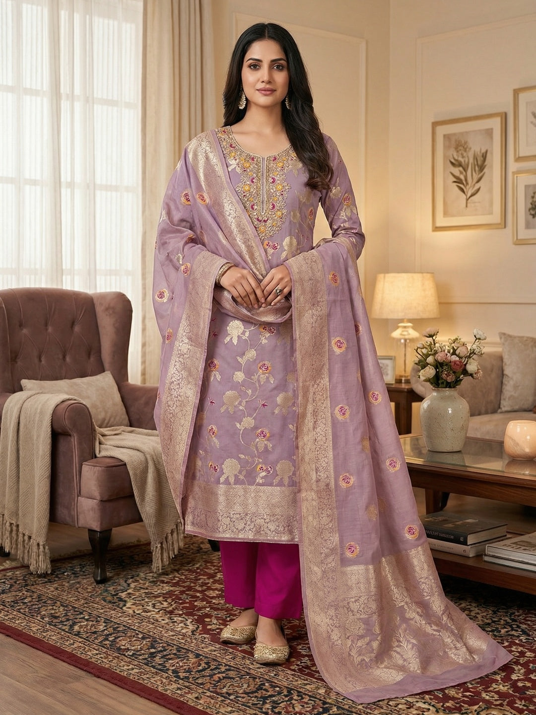 Graceful Lavender Floral Woven Banarasi Silk Dress Material Featuring Intricate Cording Embroidery - Image 2