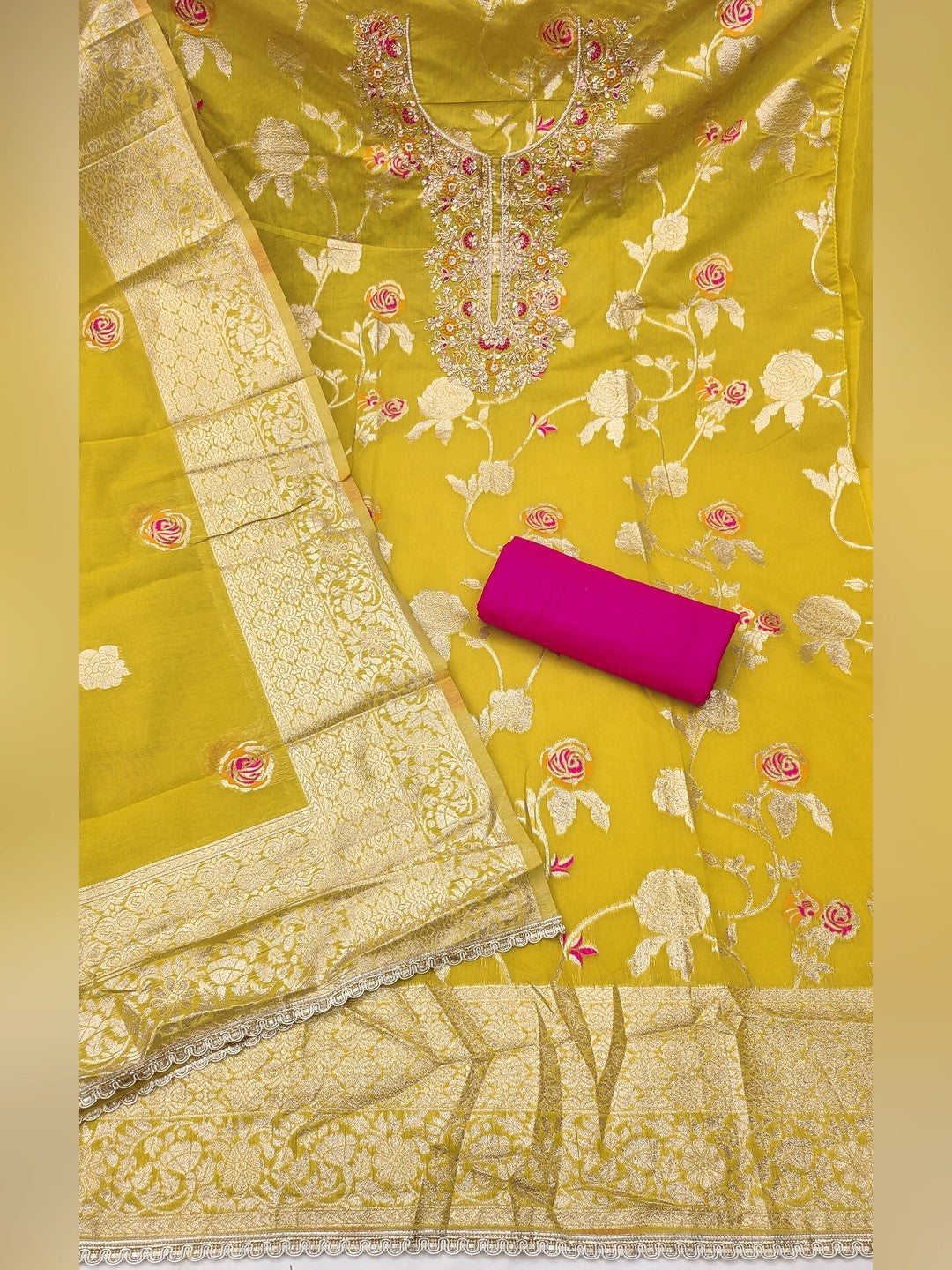 Graceful Yellow Floral Woven Banarasi Silk Dress Material Featuring Intricate Cording Embroidery - Image 4