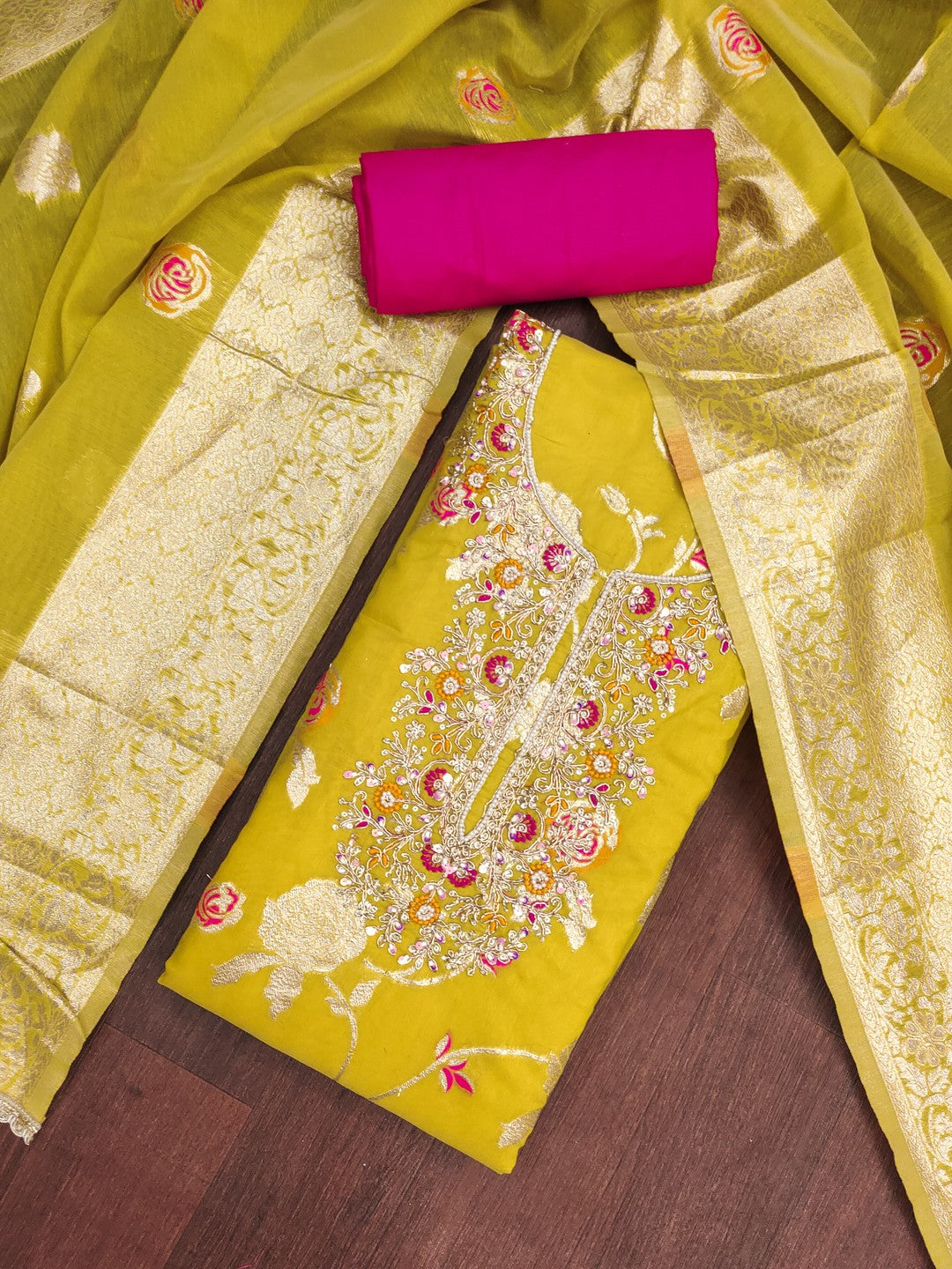 Graceful Yellow Floral Woven Banarasi Silk Dress Material Featuring Intricate Cording Embroidery - Image 3