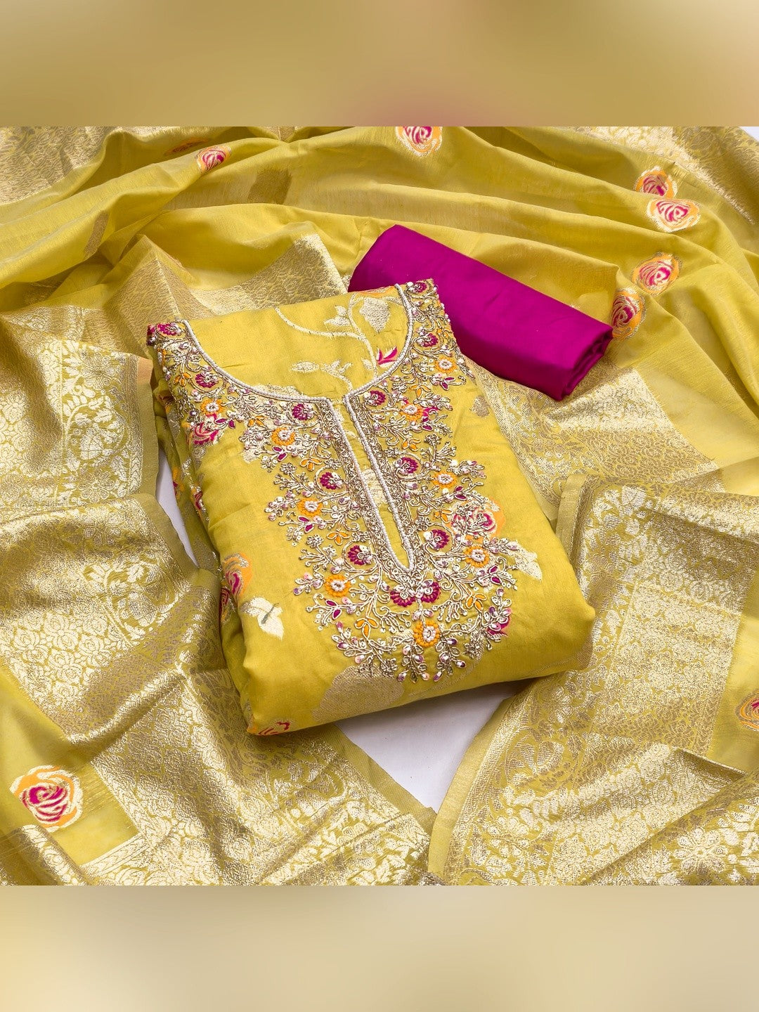 Graceful Yellow Floral Woven Banarasi Silk Dress Material Featuring Intricate Cording Embroidery - Image 1