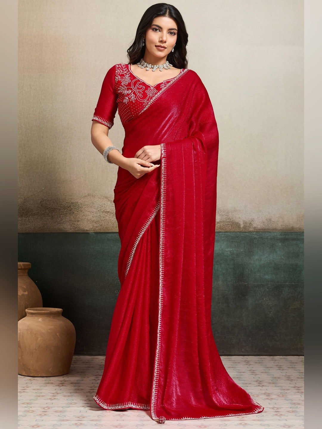 Elegant Crimson Red Solid Organza Chiffon Silk Saree Highlighted With Jarkan Work Border - Image 2