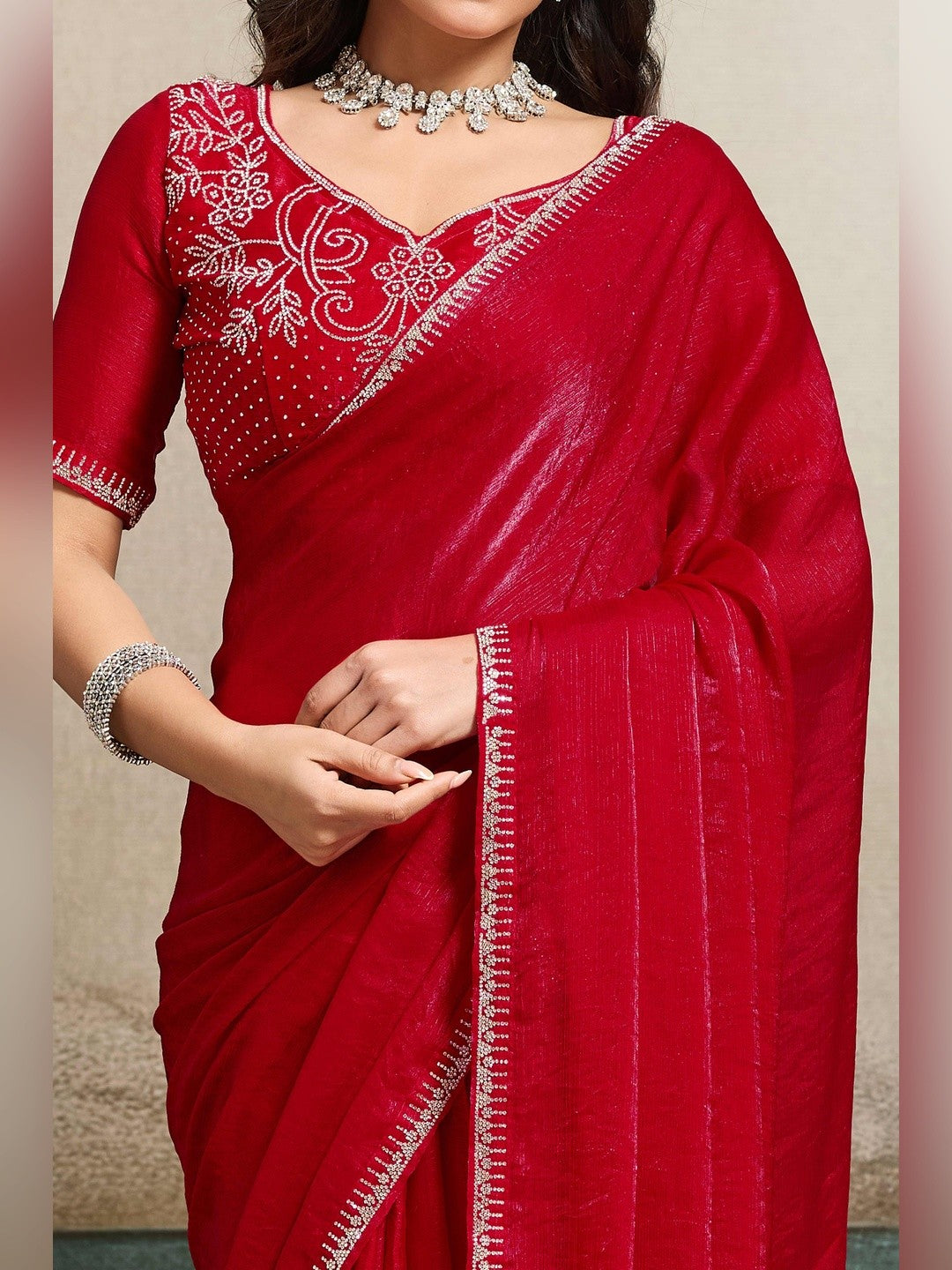 Elegant Crimson Red Solid Organza Chiffon Silk Saree Highlighted With Jarkan Work Border - Image 8