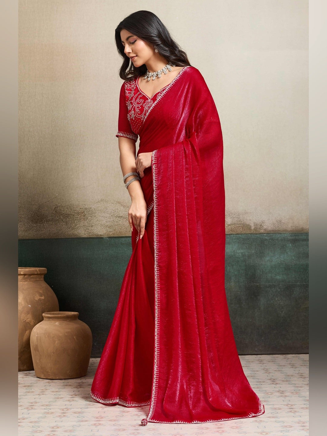 Elegant Crimson Red Solid Organza Chiffon Silk Saree Highlighted With Jarkan Work Border - Image 4