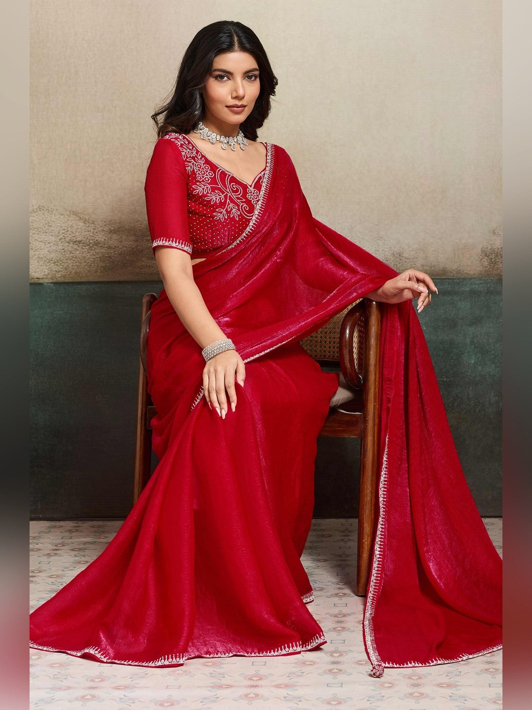 Elegant Crimson Red Solid Organza Chiffon Silk Saree Highlighted With Jarkan Work Border - Image 6