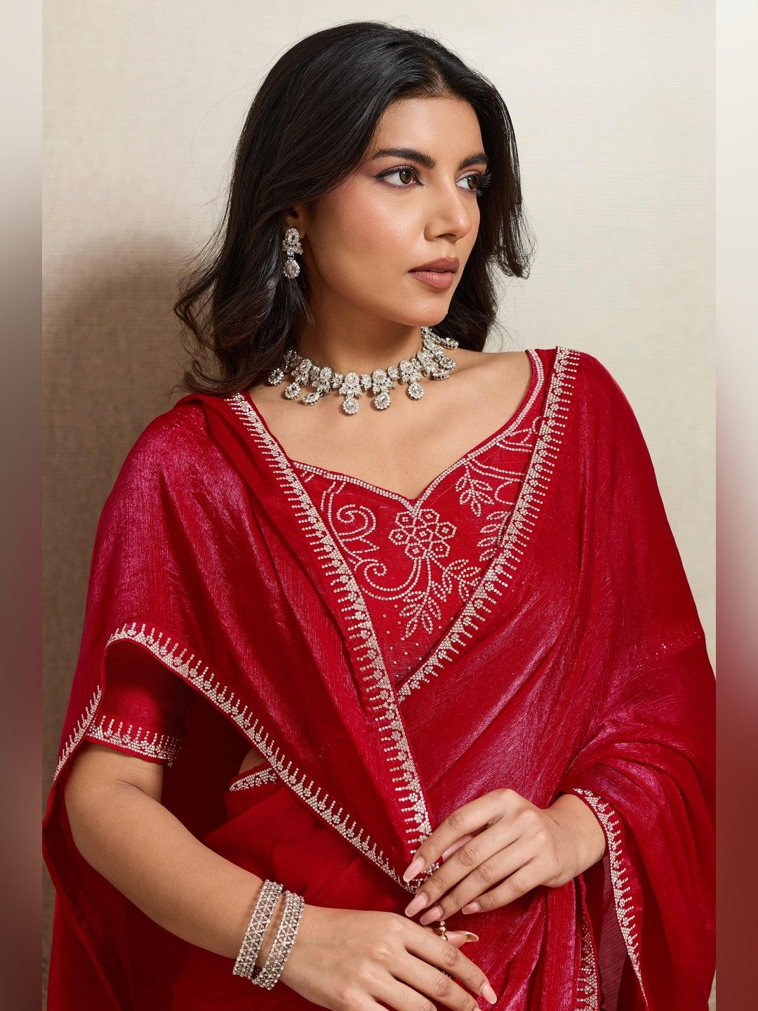 Elegant Crimson Red Solid Organza Chiffon Silk Saree Highlighted With Jarkan Work Border - Image 7