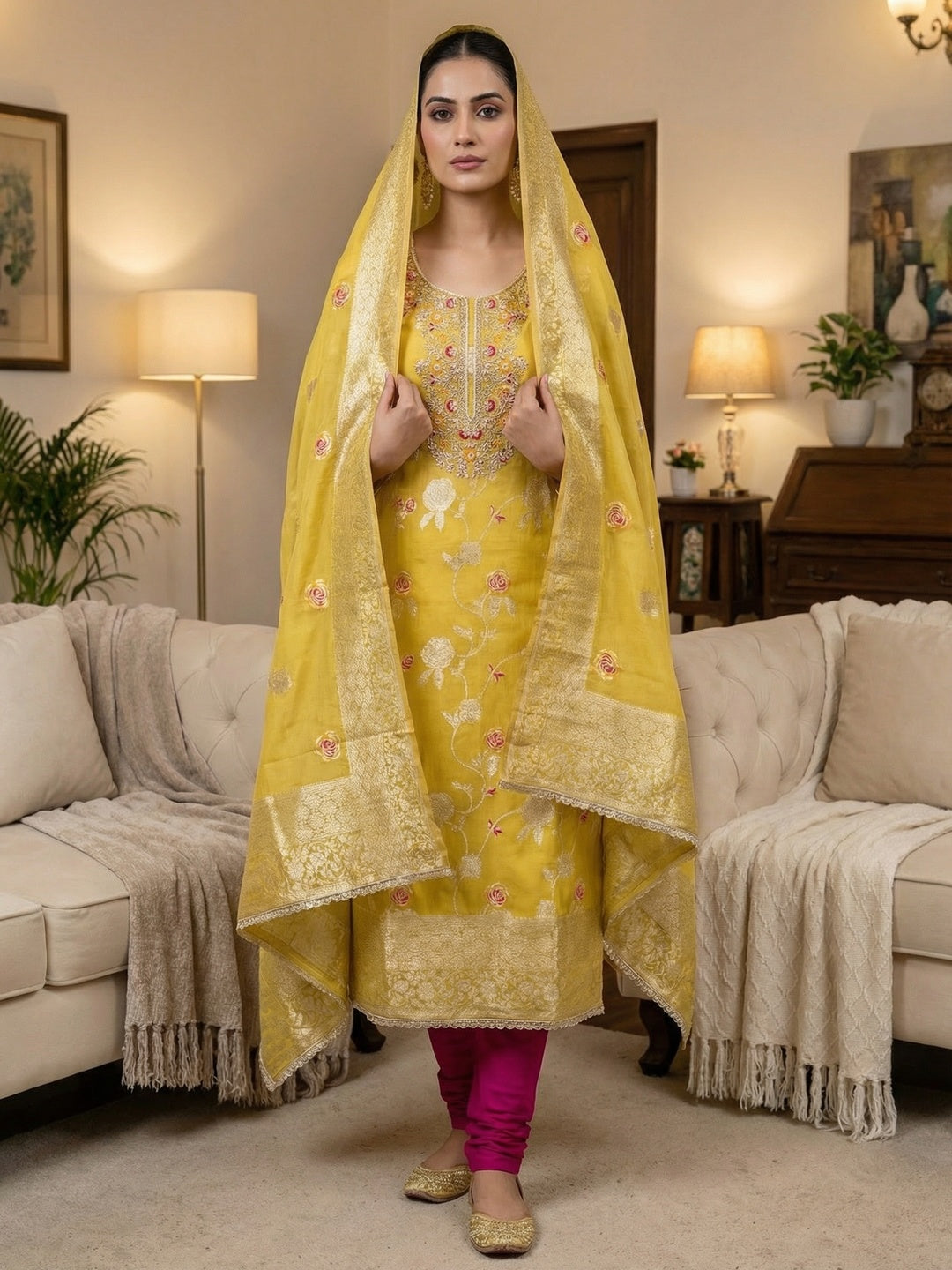 Graceful Yellow Floral Woven Banarasi Silk Dress Material Featuring Intricate Cording Embroidery - Image 2