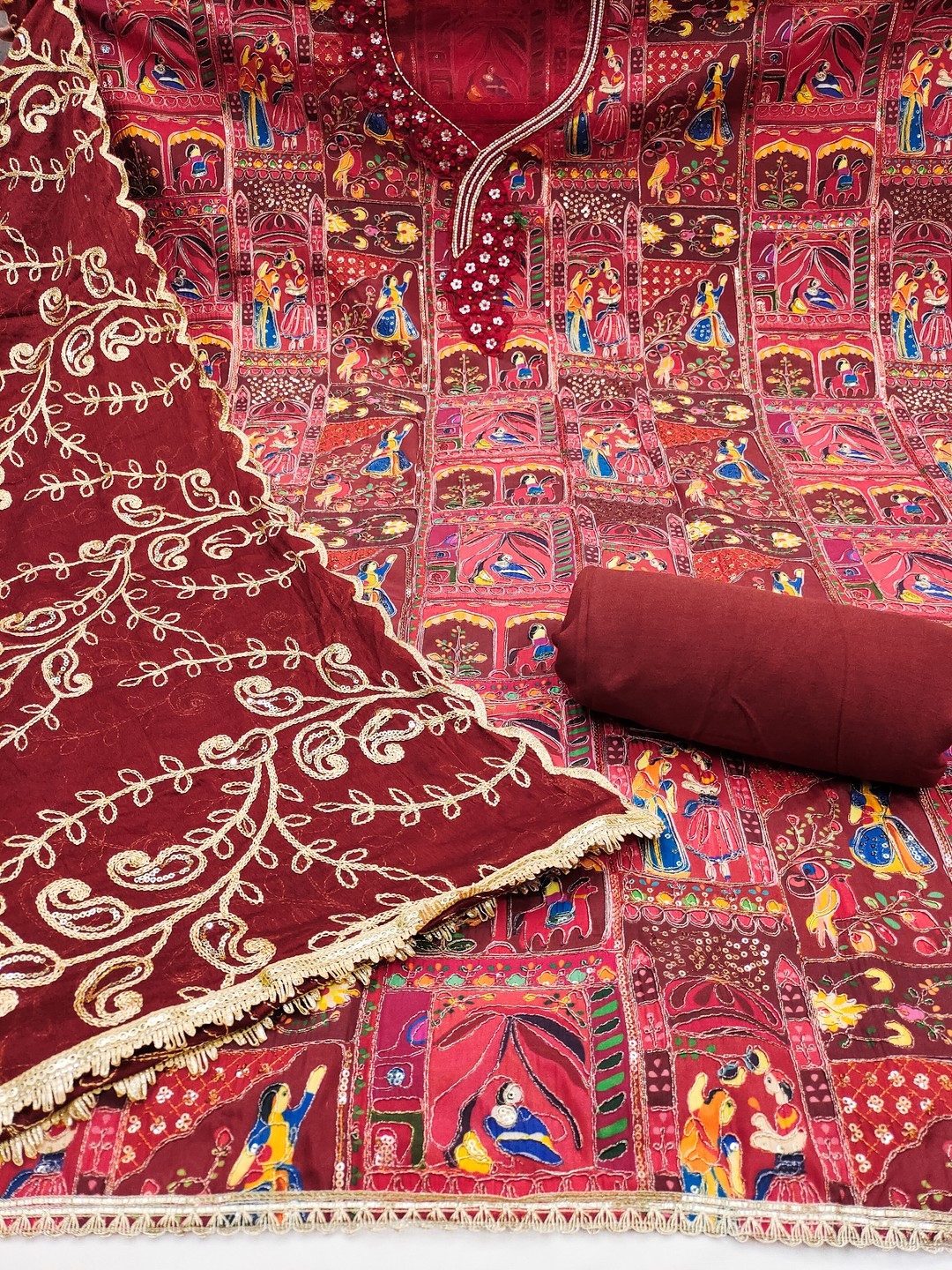 Refreshing Maroon Floral Embroidered Viscose Dress Material Featuring Intricate Sequins & Moti Work - Image 2