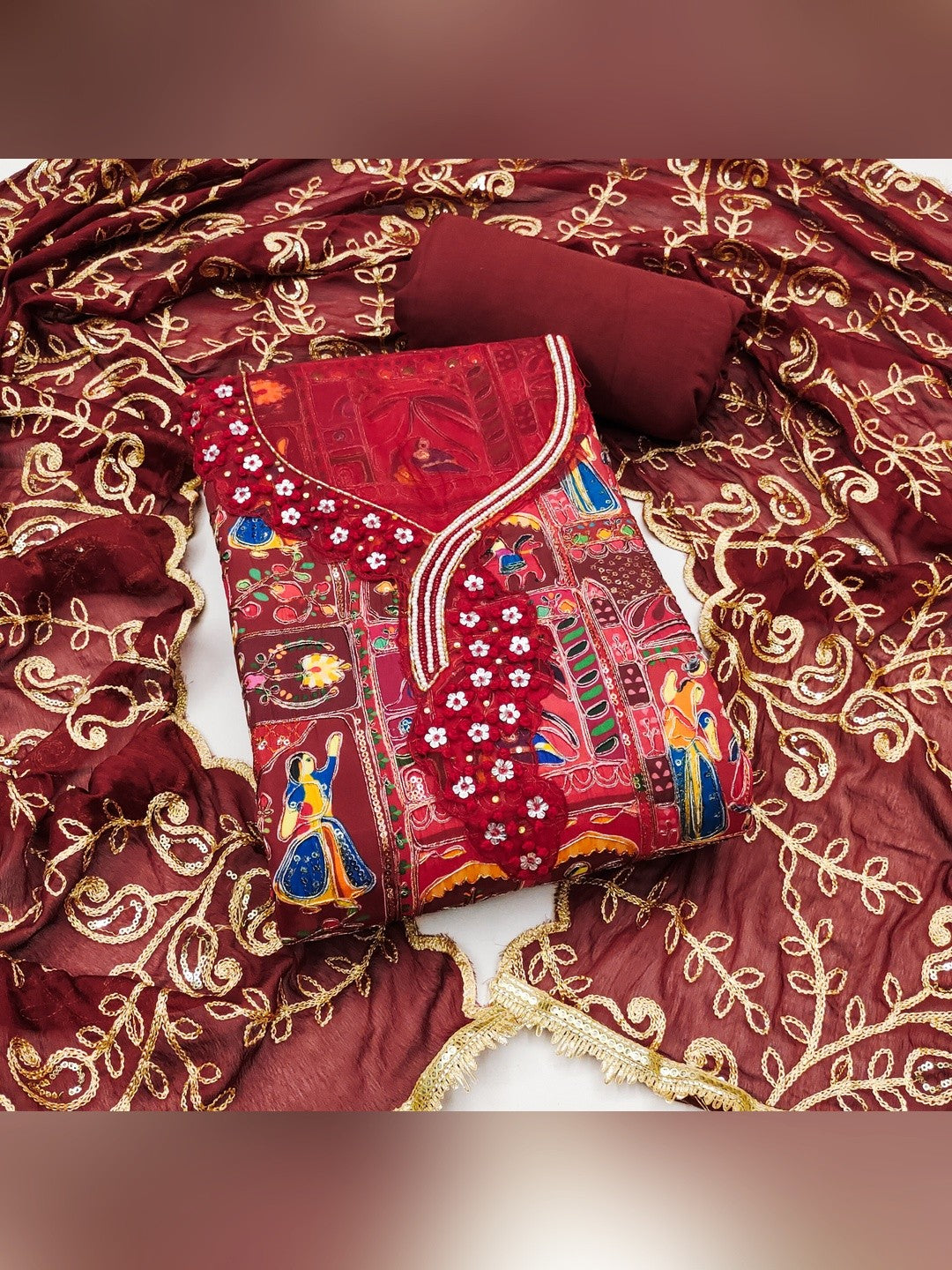 Refreshing Maroon Floral Embroidered Viscose Dress Material Featuring Intricate Sequins & Moti Work - Image 1