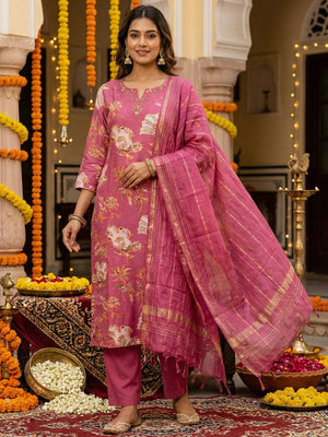 Pink Floral Print Viscose Straight Fit Salwar Suit with Fine Hand Embroidery Detailing - Image 1