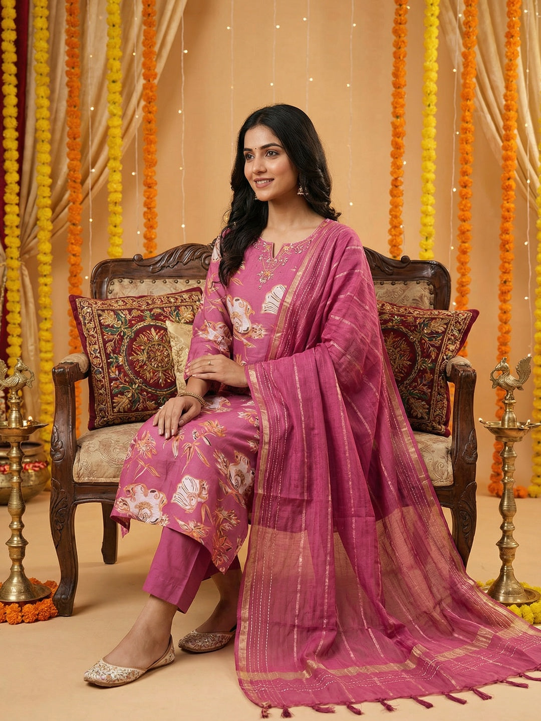 Pink Floral Print Viscose Straight Fit Salwar Suit with Fine Hand Embroidery Detailing - Image 4