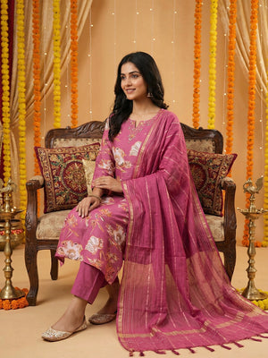 Pink Floral Print Viscose Straight Fit Salwar Suit with Fine Hand Embroidery Detailing - Image 2