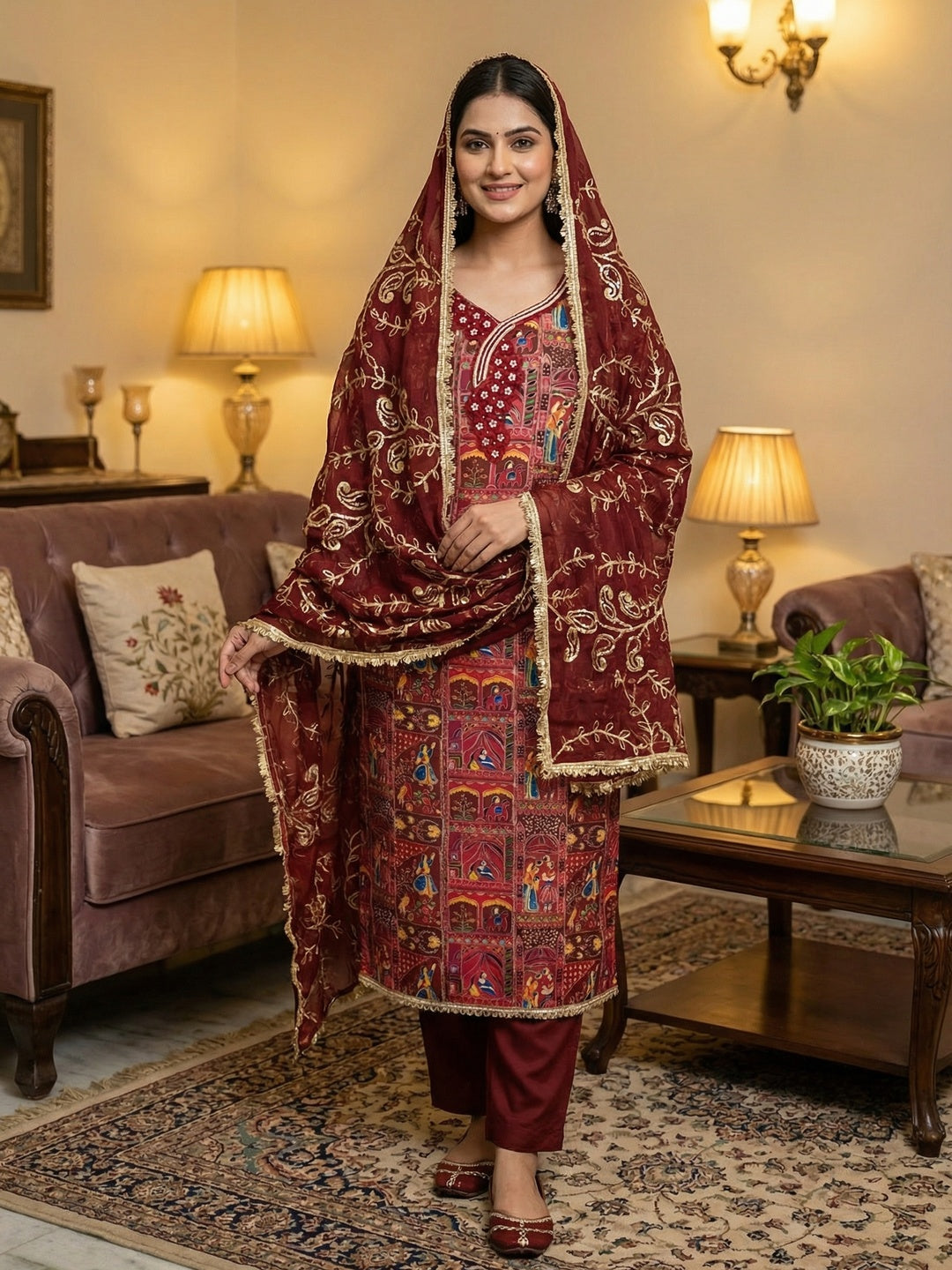 Refreshing Maroon Floral Embroidered Viscose Dress Material Featuring Intricate Sequins & Moti Work - Image 1