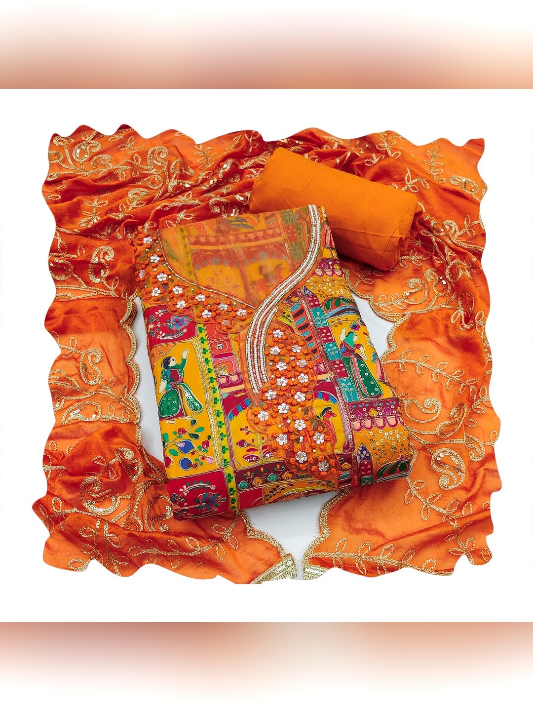 Refreshing Orange Floral Embroidered Viscose Dress Material Featuring Intricate Sequins & Moti Work - Image 5